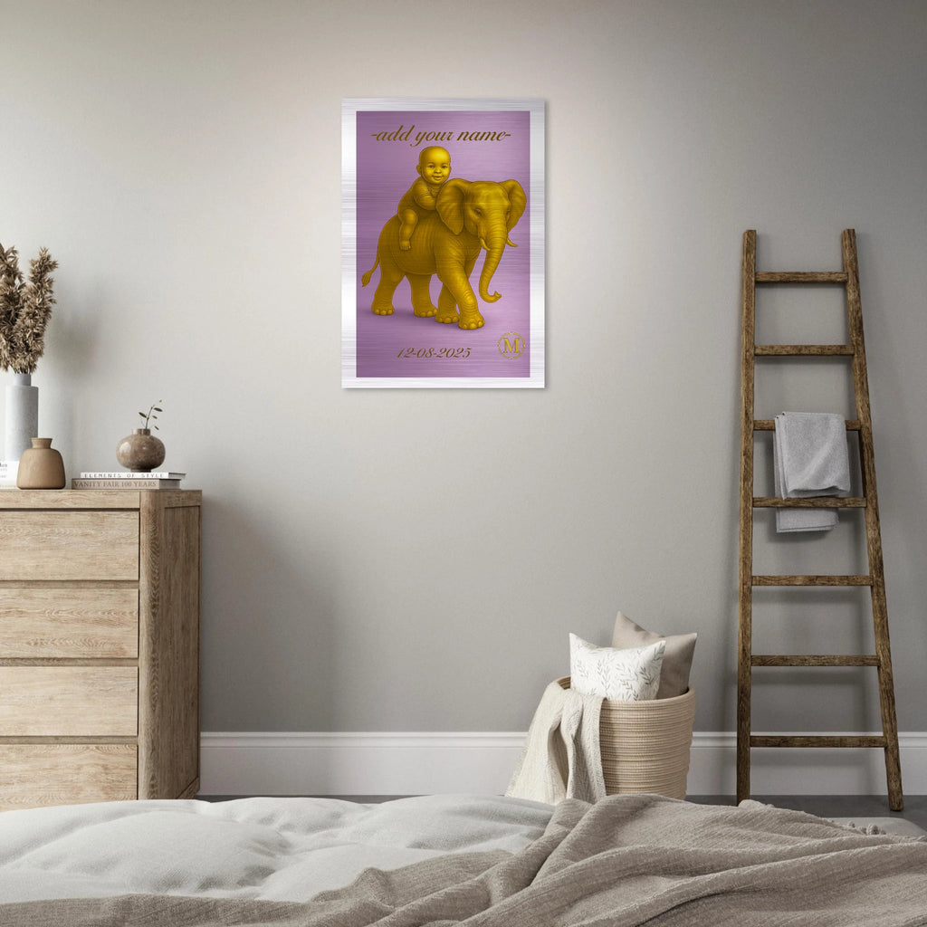 Custom made purple elephant baby name sign crafted from aluminum, perfect personalized birth gift and baby shower present for nursery room decor