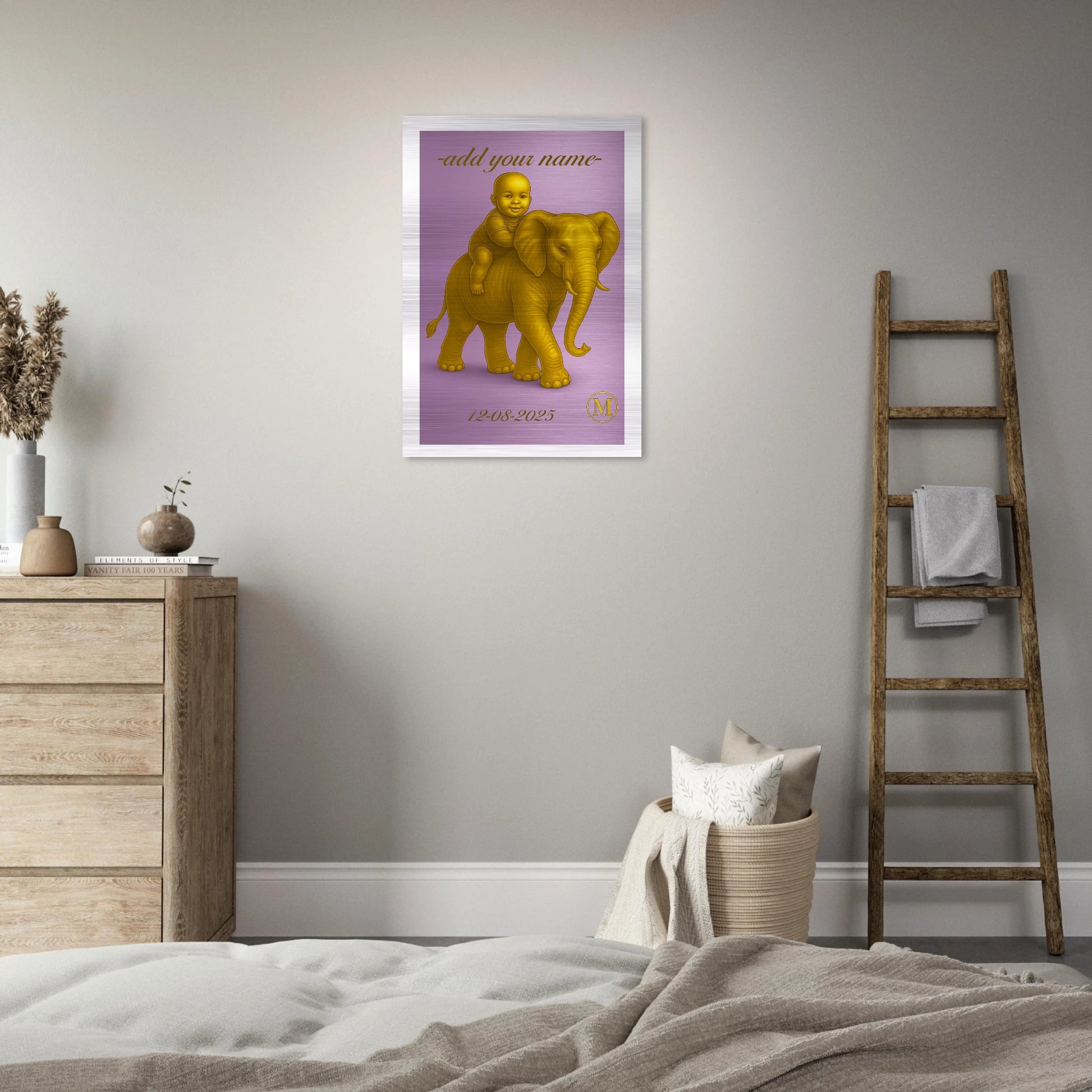 Custom made purple elephant baby name sign crafted from aluminum, perfect personalized birth gift and baby shower present for nursery room decor