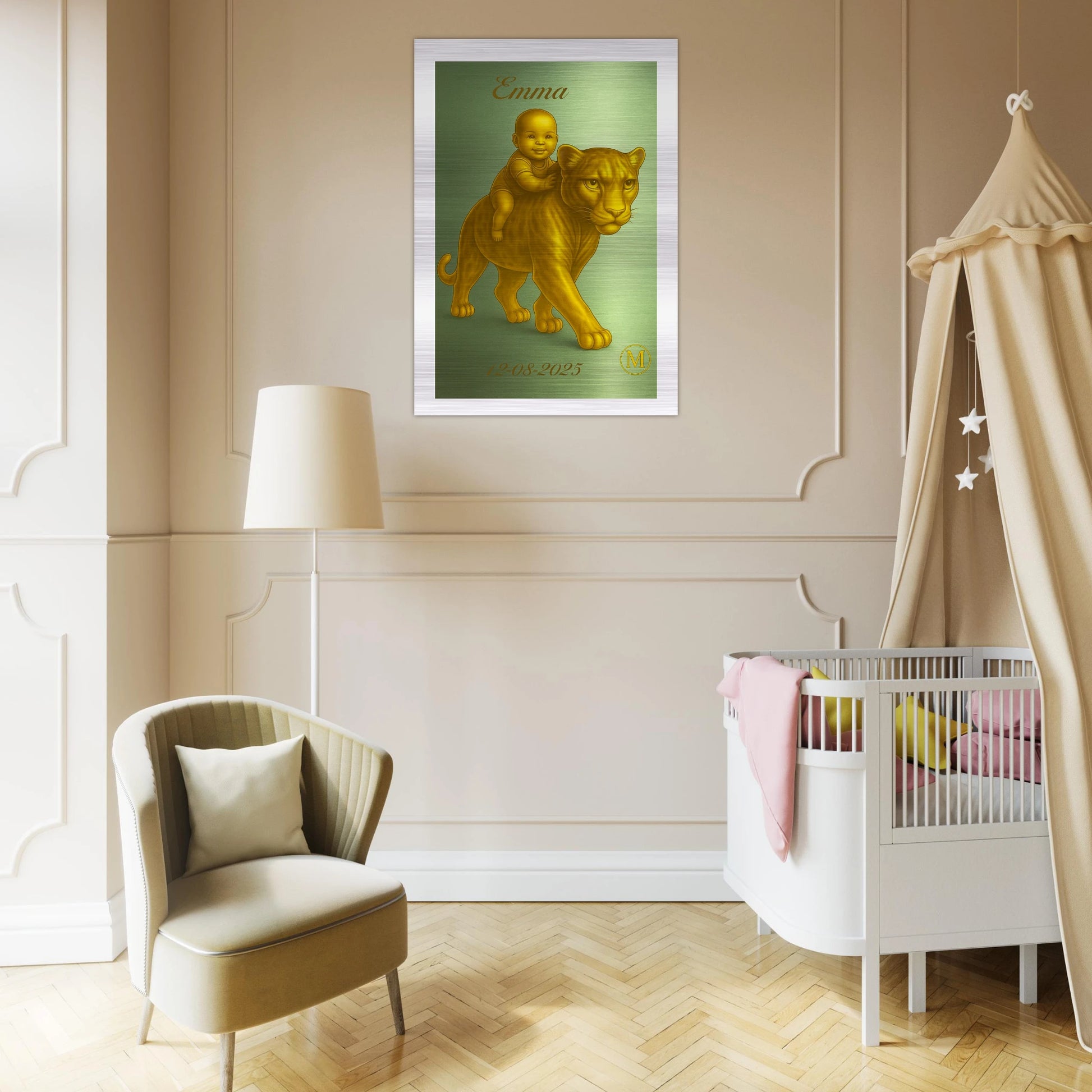 Custom Emma baby shower gift featuring luxurious golden panther name wall art made from premium aluminum, ideal personalized nursery decor for newborn celebratio