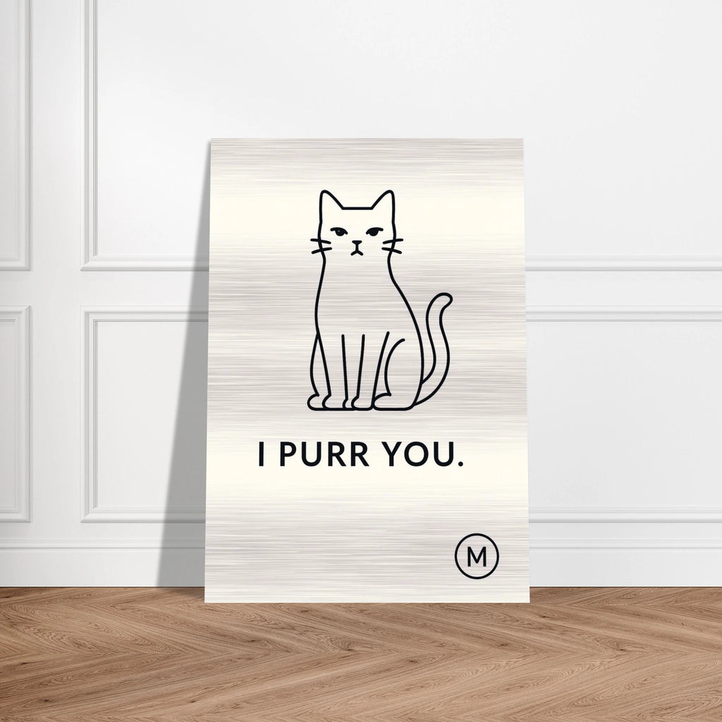 Designer cat wall decor featuring 'I Purr You' on premium brushed aluminum, elegant pet wall art and perfect festive gift for modern cat lover homes