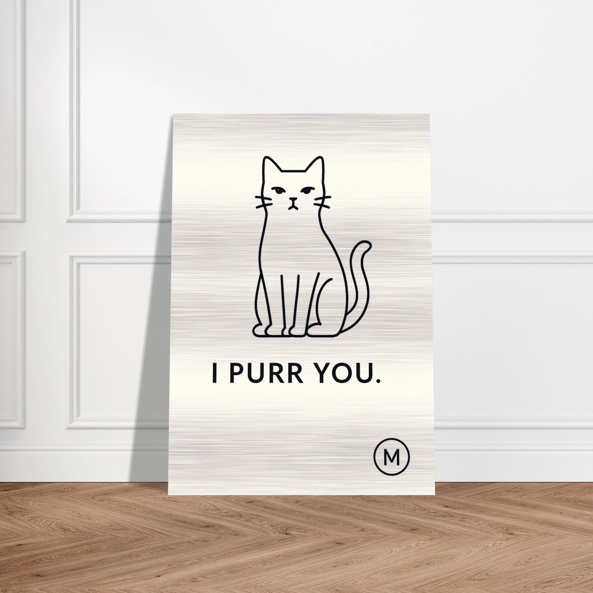 Designer cat wall decor featuring 'I Purr You' on premium brushed aluminum, elegant pet wall art and perfect festive gift for modern cat lover homes