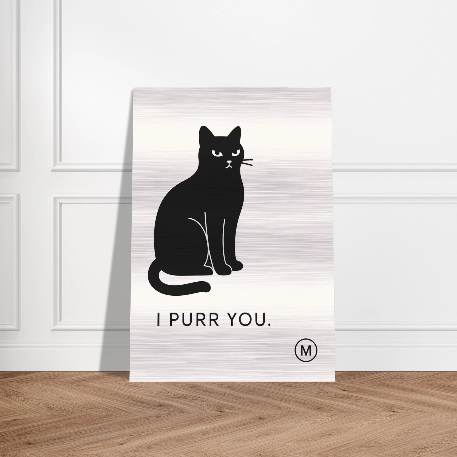black cat brushed aluminum wall art — refined cat against door-inspired luxury metal print by MATCH Wall Art