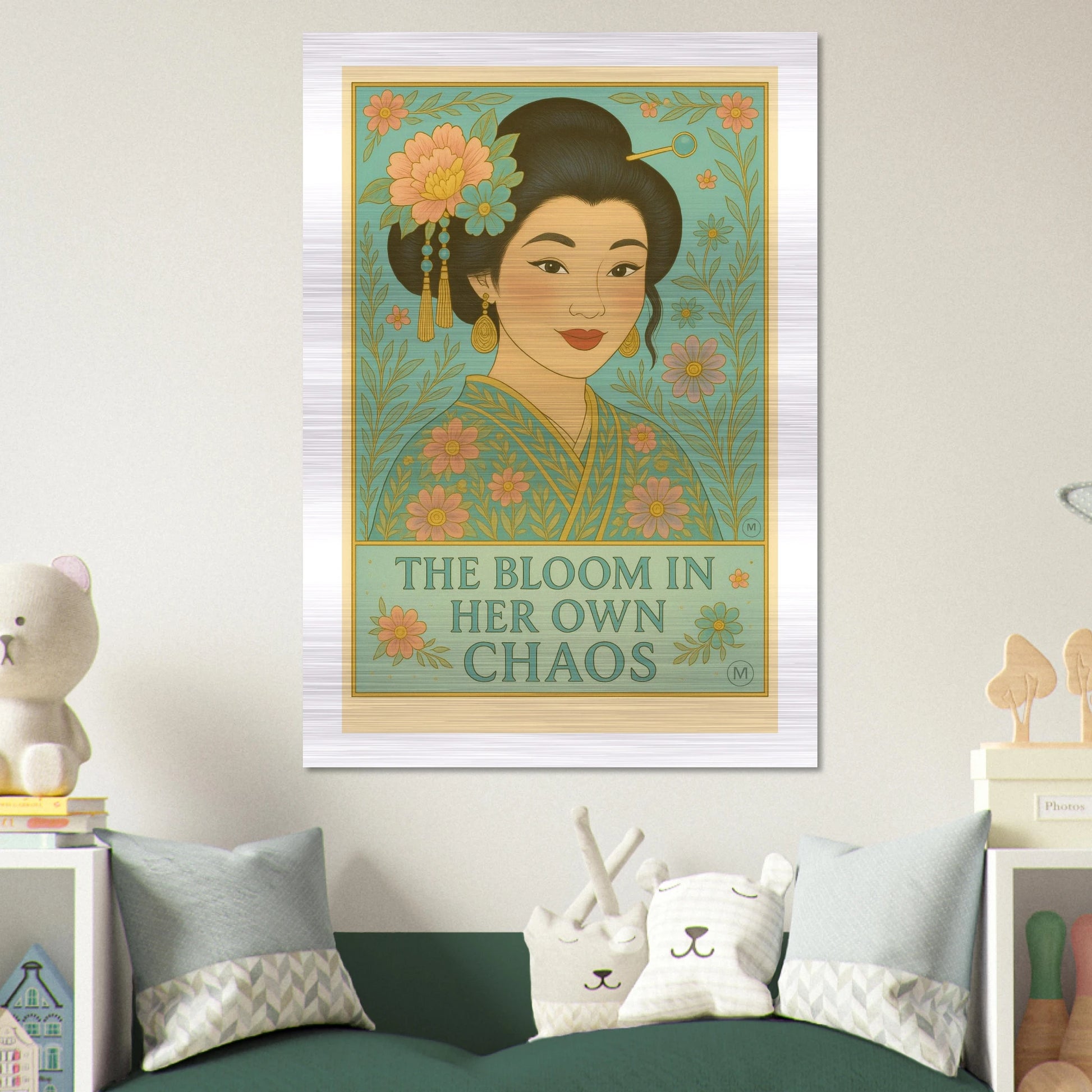 The Bloom in Her Own Chaos – Green Kimono Aluminum Poster
Artistic Geisha wall art in a green floral kimono with gold accents, printed on brushed aluminum, perfect for Japanese-inspired home decor.