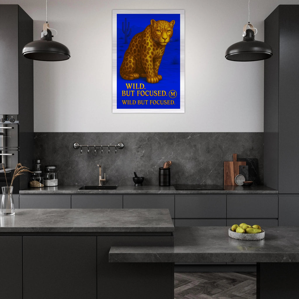luxury Fierce bold panther in kitchen with the quote wild but focused with edges. Stylish wall art from Match Wall Art brushed aluminum