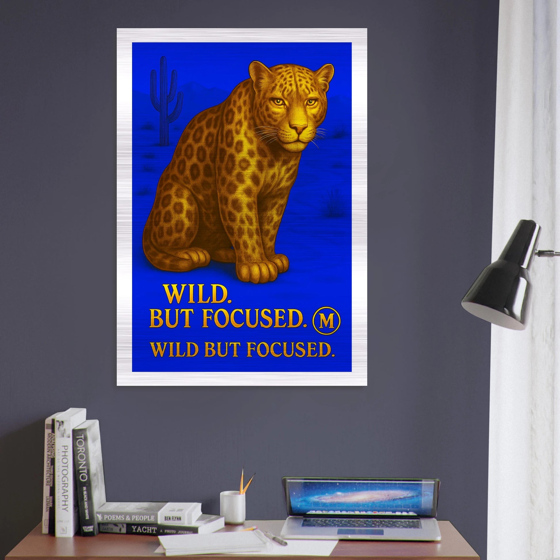 Fierce golden panther poster with the quote wild but focused with edges. Stylish wall art from Match Wall Art brushed aluminum