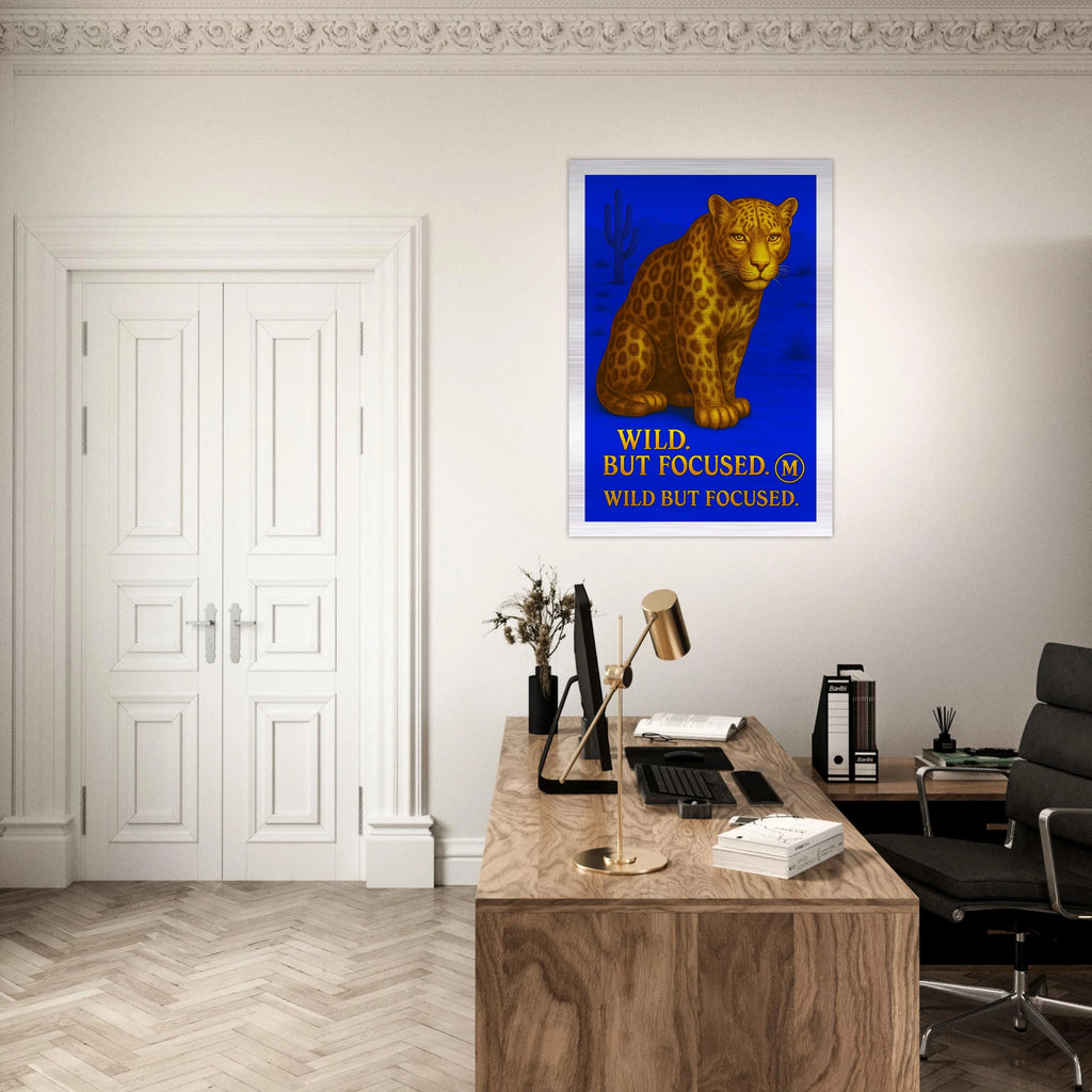 luxyry gold panther poster with the quote wild but focused with edges. Stylish wall art from Match Wall Art brushed aluminum qoutes