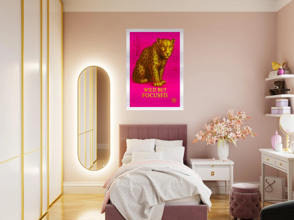 Luxe Fierce gold pink panther on wall with the quote wild but focused Stylish wall art from  brushed aluminum Match luxury Art
