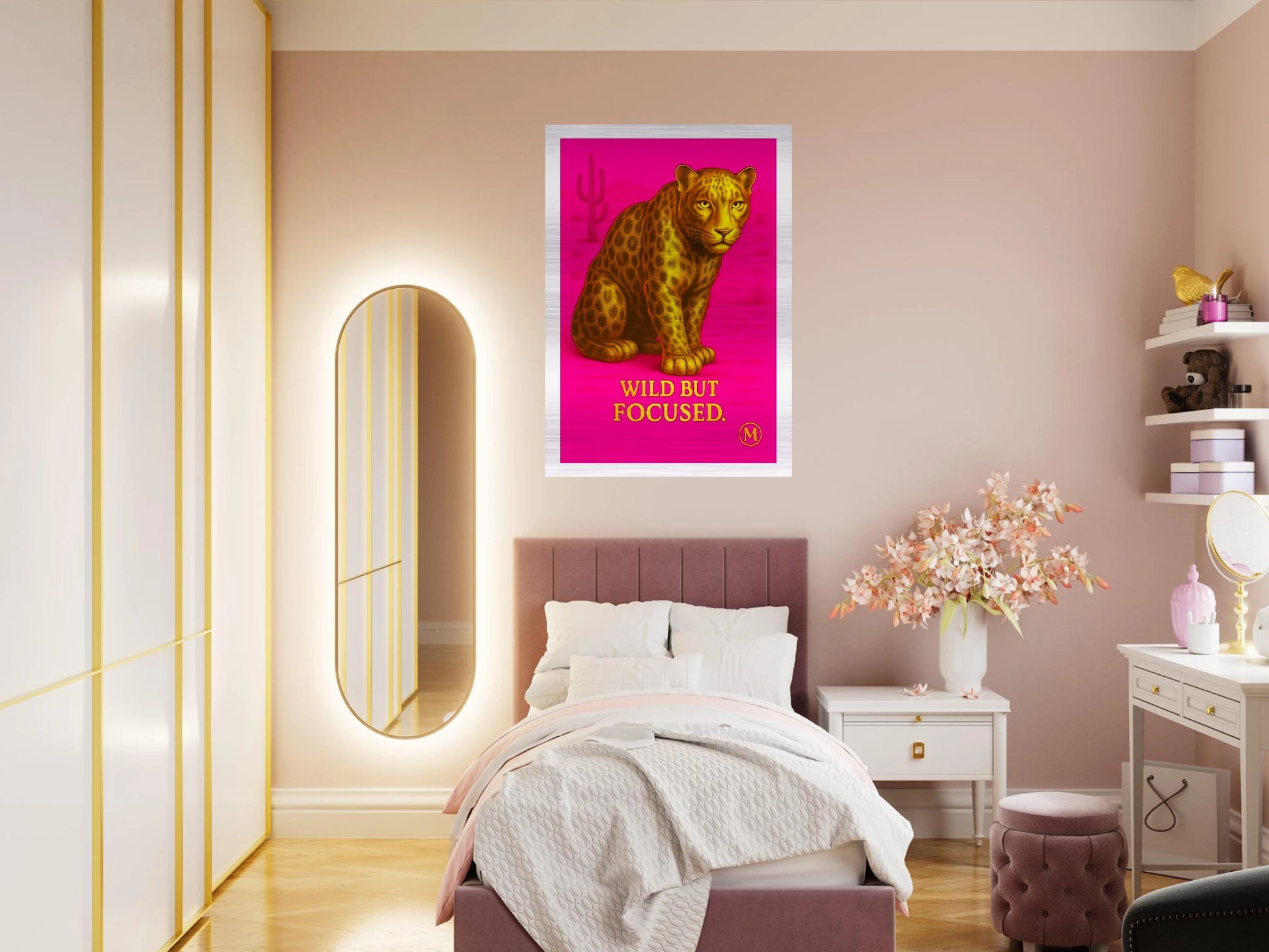 Luxe Fierce gold pink panther on wall with the quote wild but focused Stylish wall art from  brushed aluminum Match luxury Art