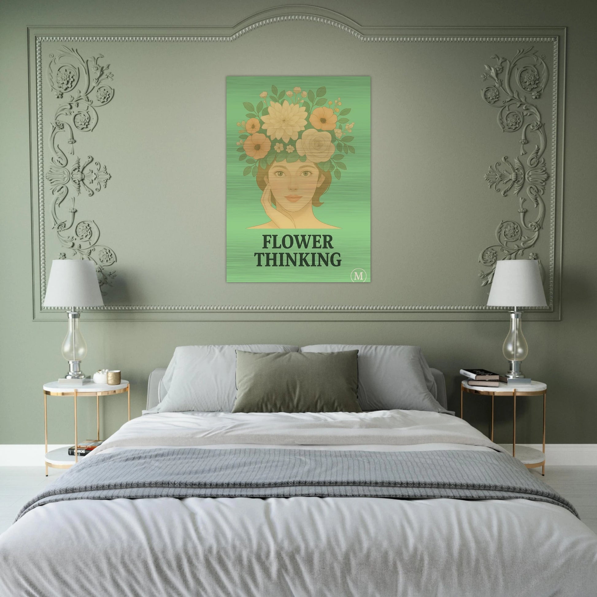 vintage wall poster of a woman with a floral hat in warm green shades, printed on premium aluminum for a luxurious look.