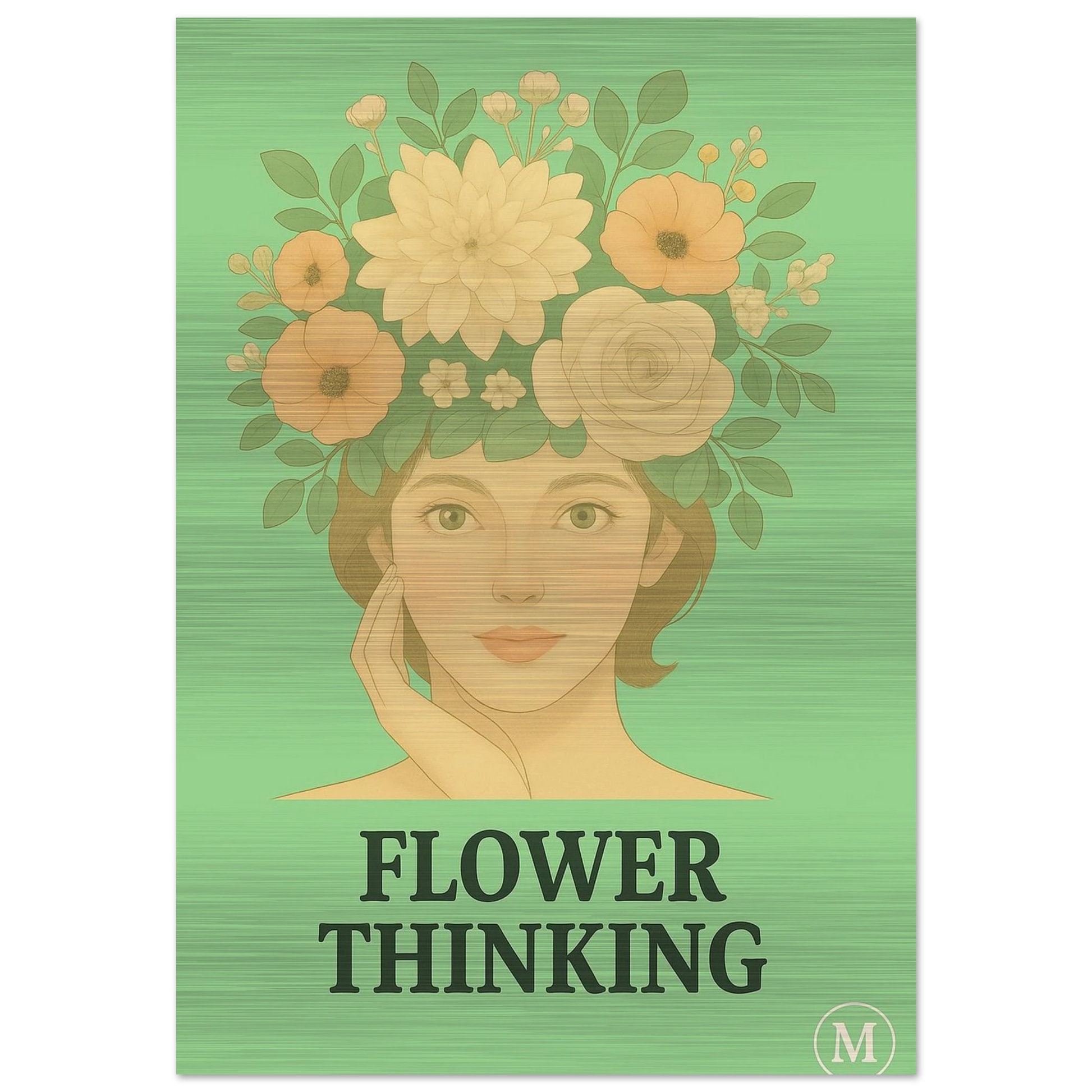 Romantic vintage wall poster of a woman with a floral hat in warm green shades, printed on premium aluminum for a luxurious look.