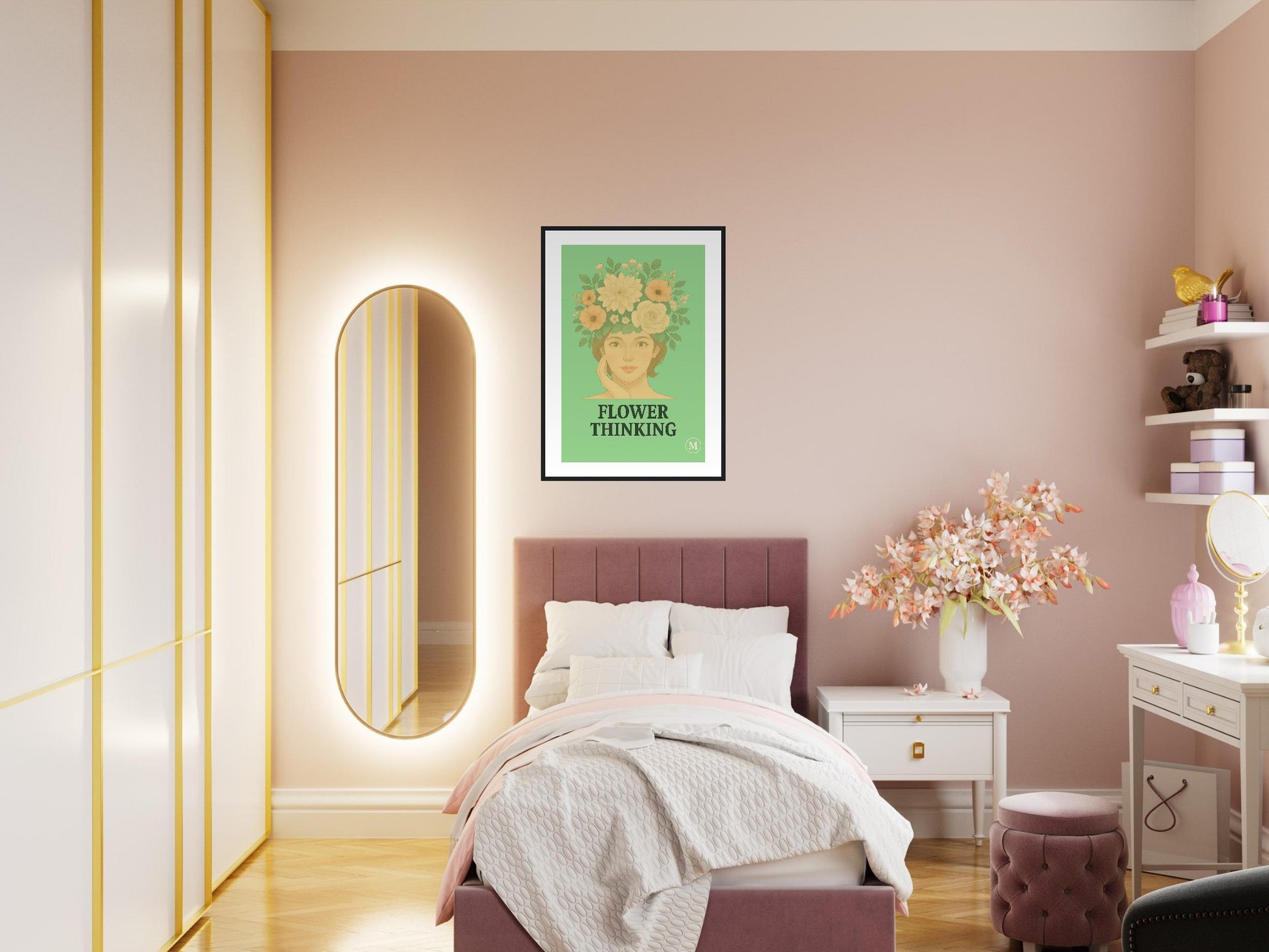 Green vintage flower thinking framed poster