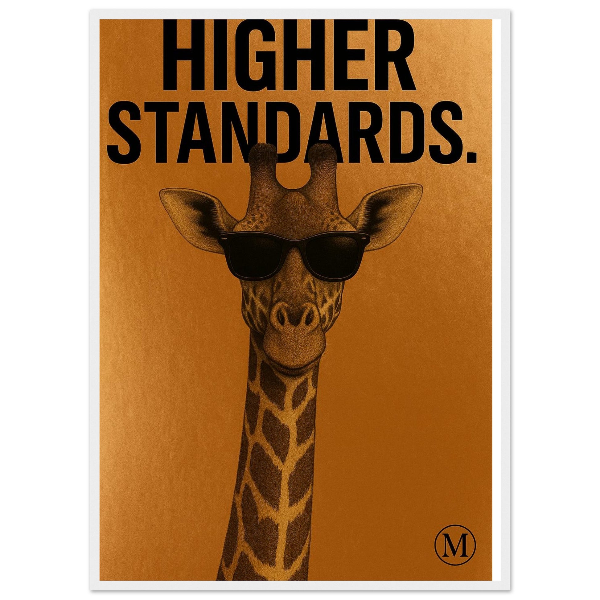 giraffe  with  bold attitude. Bronze background, luxury vibe. Part of the MATCH Animals series framed poster