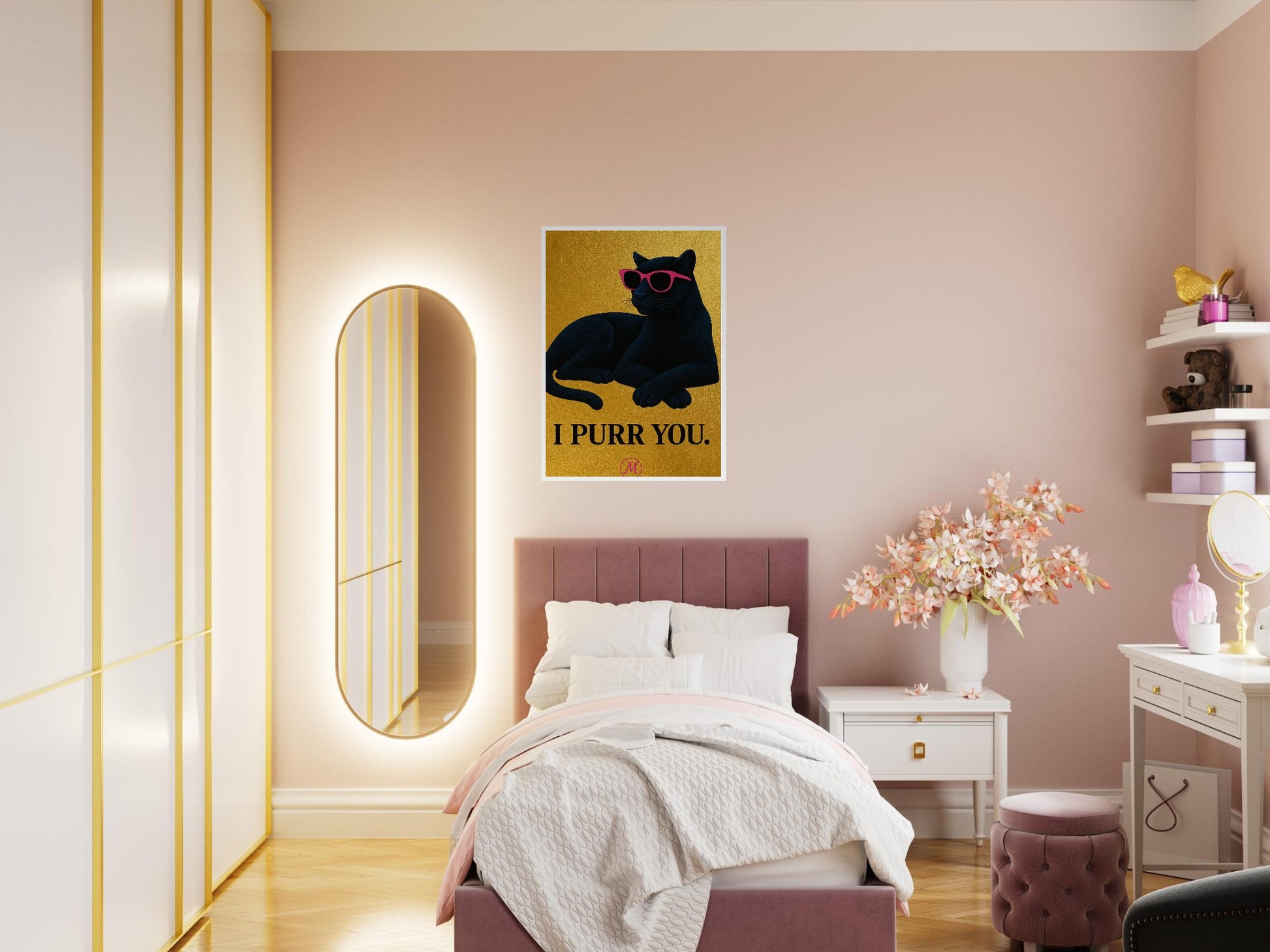 Downloadable wall art featuring a black panther with pink sunglasses and the quote “I PURR YOU.” Stylish and bold design for animal lovers and attitude-filled interiors.