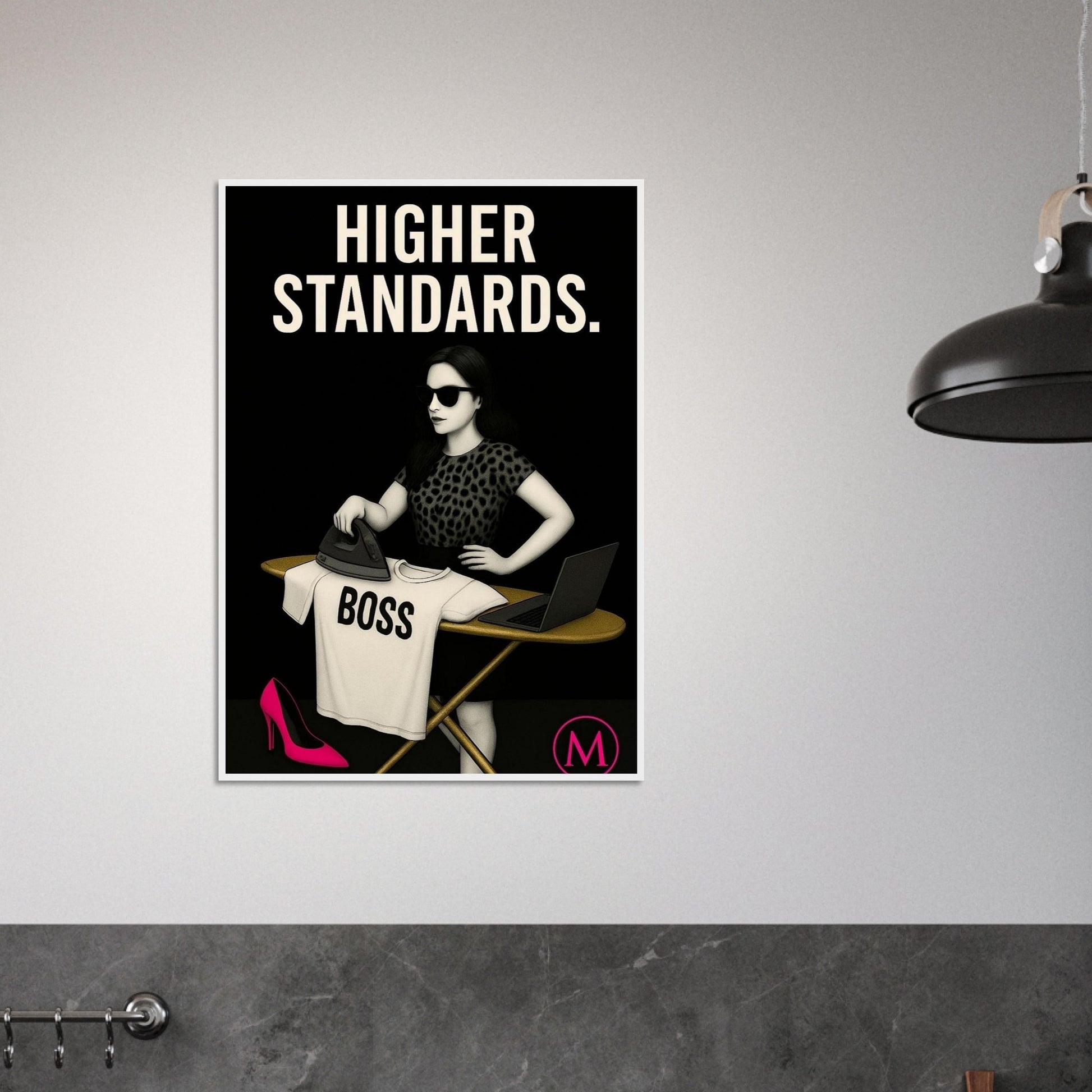 Stylish woman wall art of a modern mom in panter and pink stilettos with bold quote – MATCH Prints