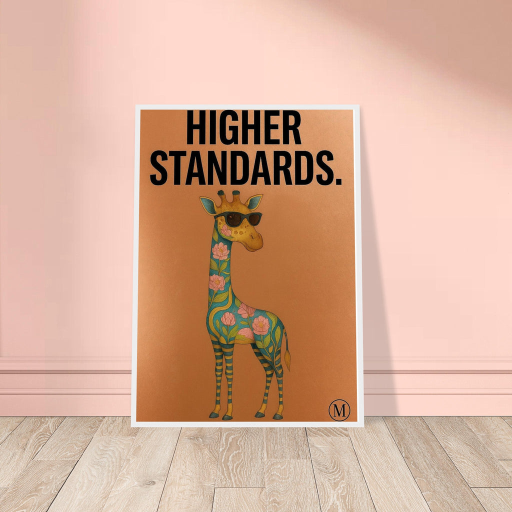 Funny giraffe poster with black shades and bold attitude. Bronze background, luxury vibe. Part of the MATCH Animals series – digital or framed wall art.