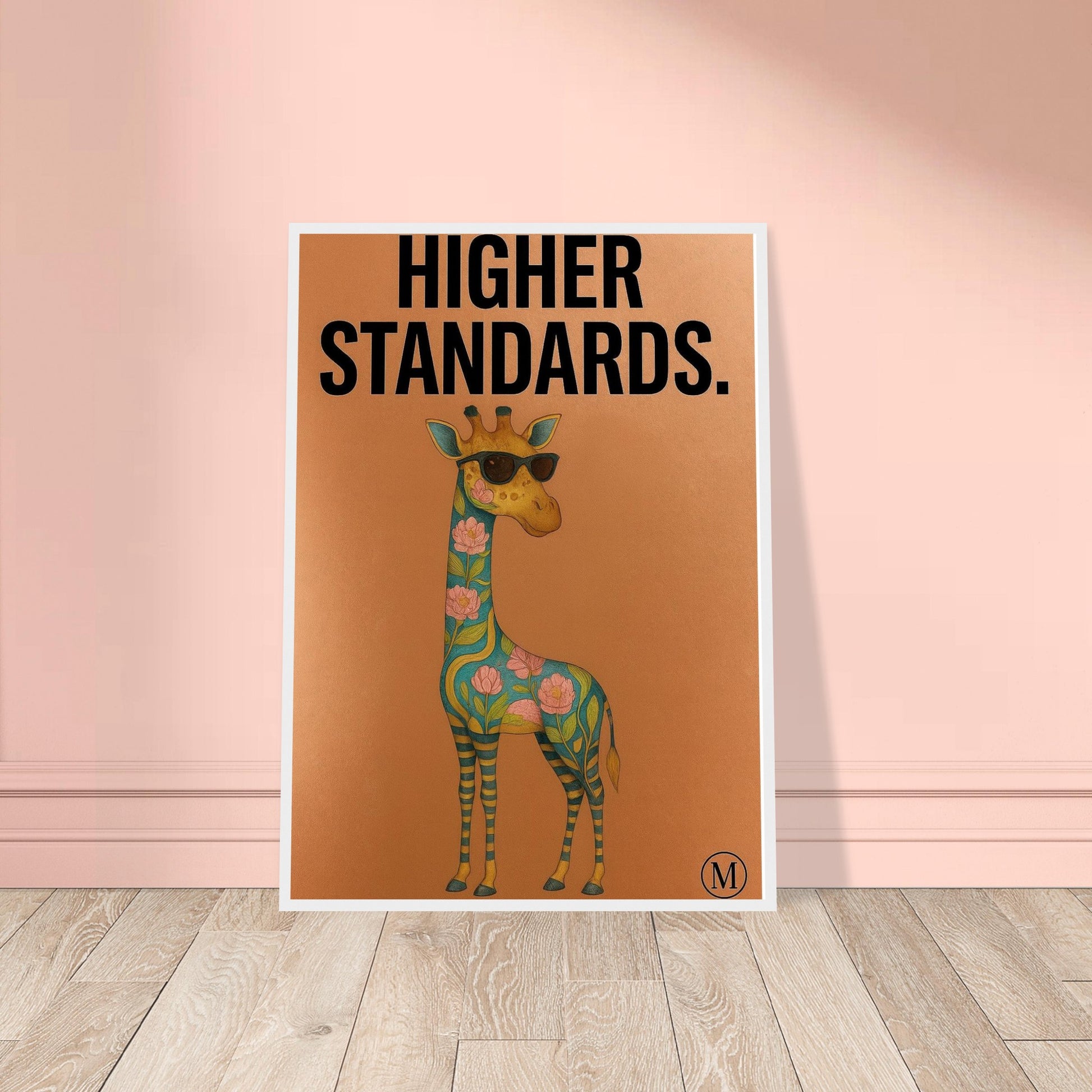 Funny giraffe poster with black shades and bold attitude. Bronze background, luxury vibe. Part of the MATCH Animals series – digital or framed wall art.