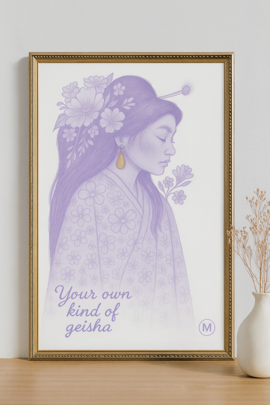 Geisha poster in pastel kimono with gold floral hairpiece and the quote “Your Own Kind of Geisha” – feminine wall art print from MatchWallArt.