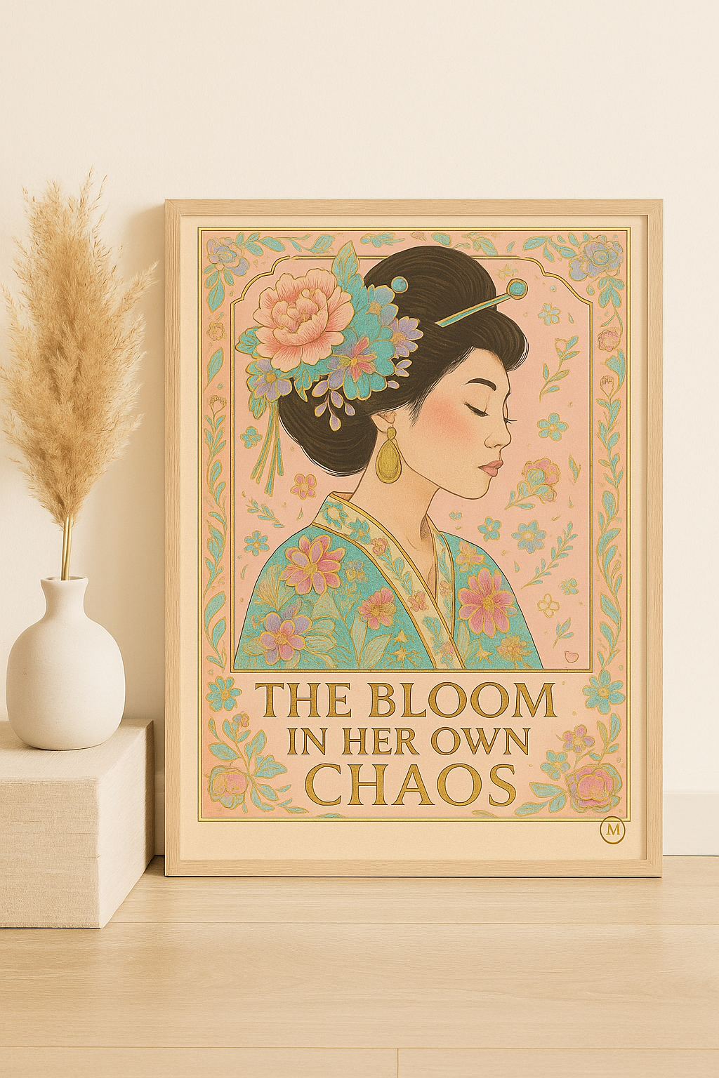 Geisha poster in pastel kimono with gold floral hairpiece and the quote “Your Own Kind of Geisha” – feminine wall art print from MatchWallArt