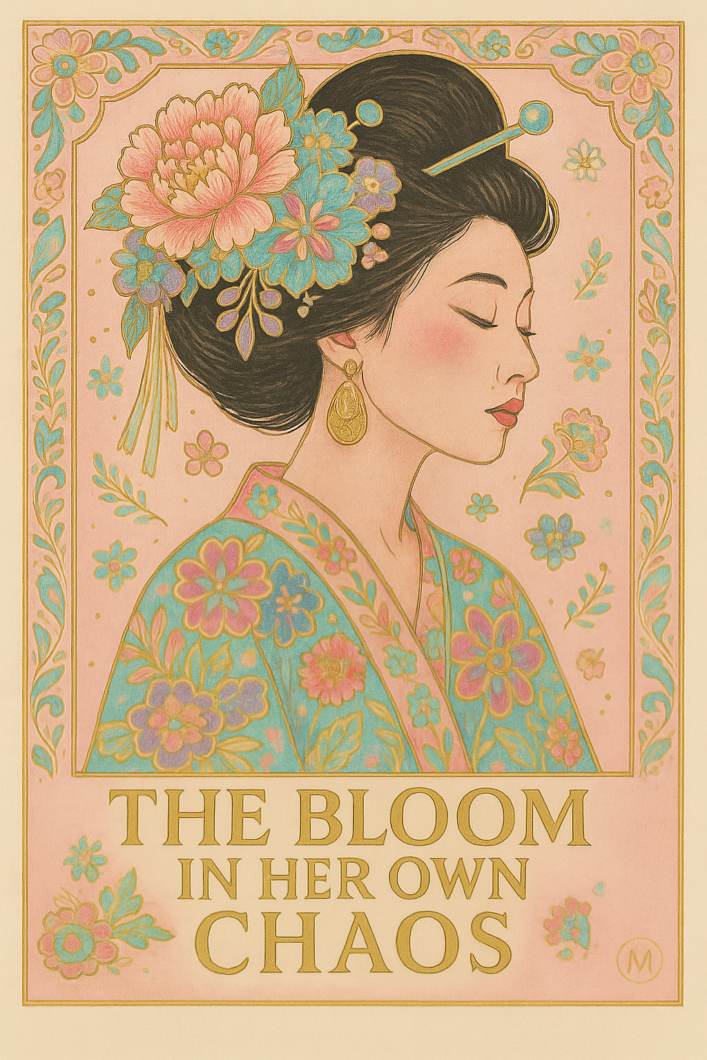 Geisha poster in pastel kimono with gold floral hairpiece and the quote “Your Own Kind of Geisha” – feminine wall art print from MatchWallArt