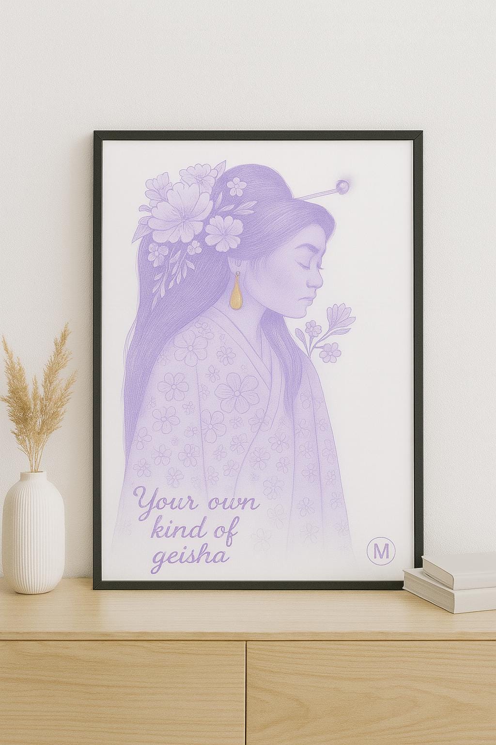 Geisha poster in pastel kimono with gold floral hairpiece and the quote “Your Own Kind of Geisha” – feminine wall art print from MatchWallArt.
