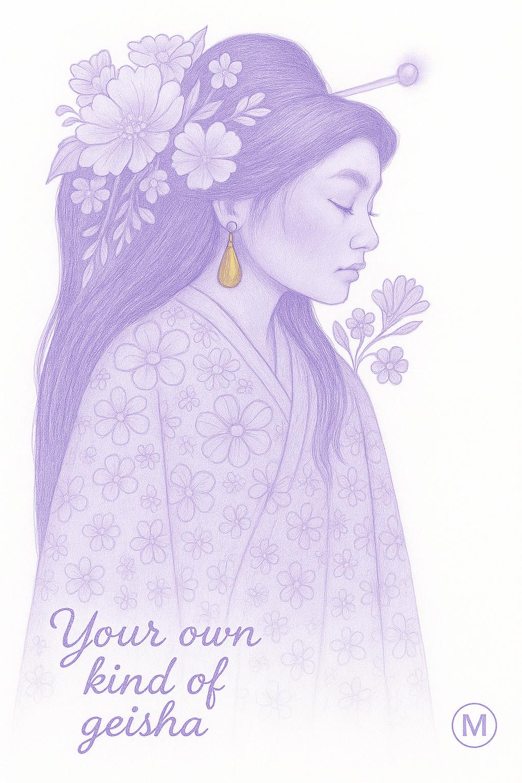 Geisha poster in pastel kimono with gold floral hairpiece and the quote “Your Own Kind of Geisha” – feminine wall art print from MatchWallArt.