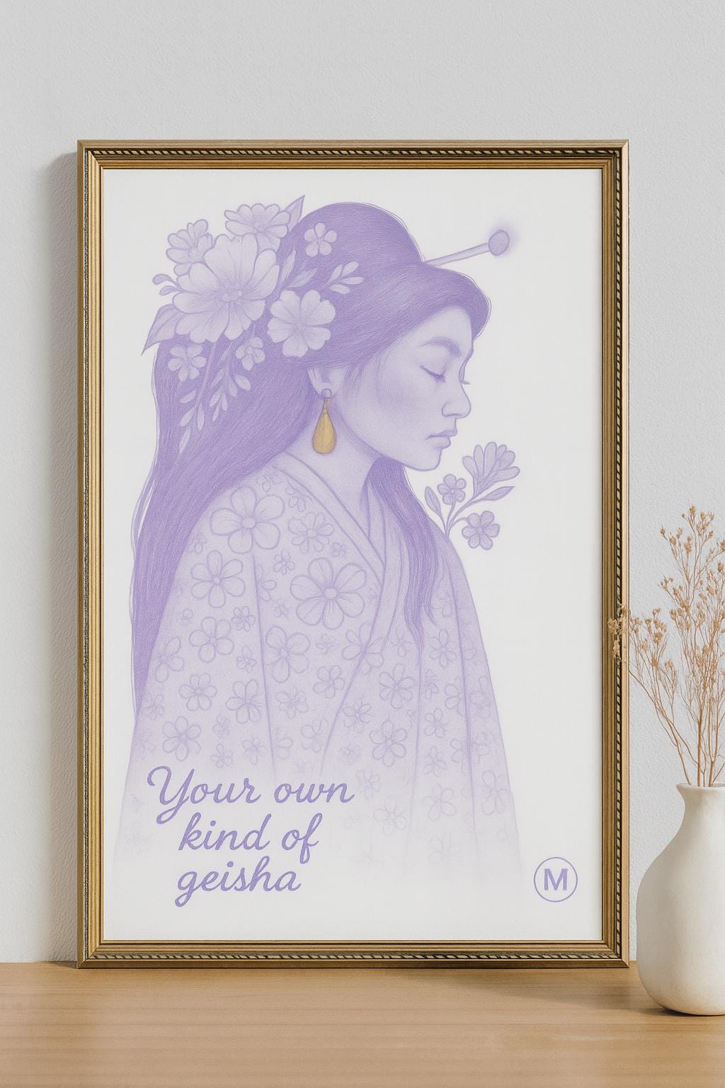 Geisha poster in pastel kimono with gold floral hairpiece and the quote “Your Own Kind of Geisha” – feminine wall art print from MatchWallArt.