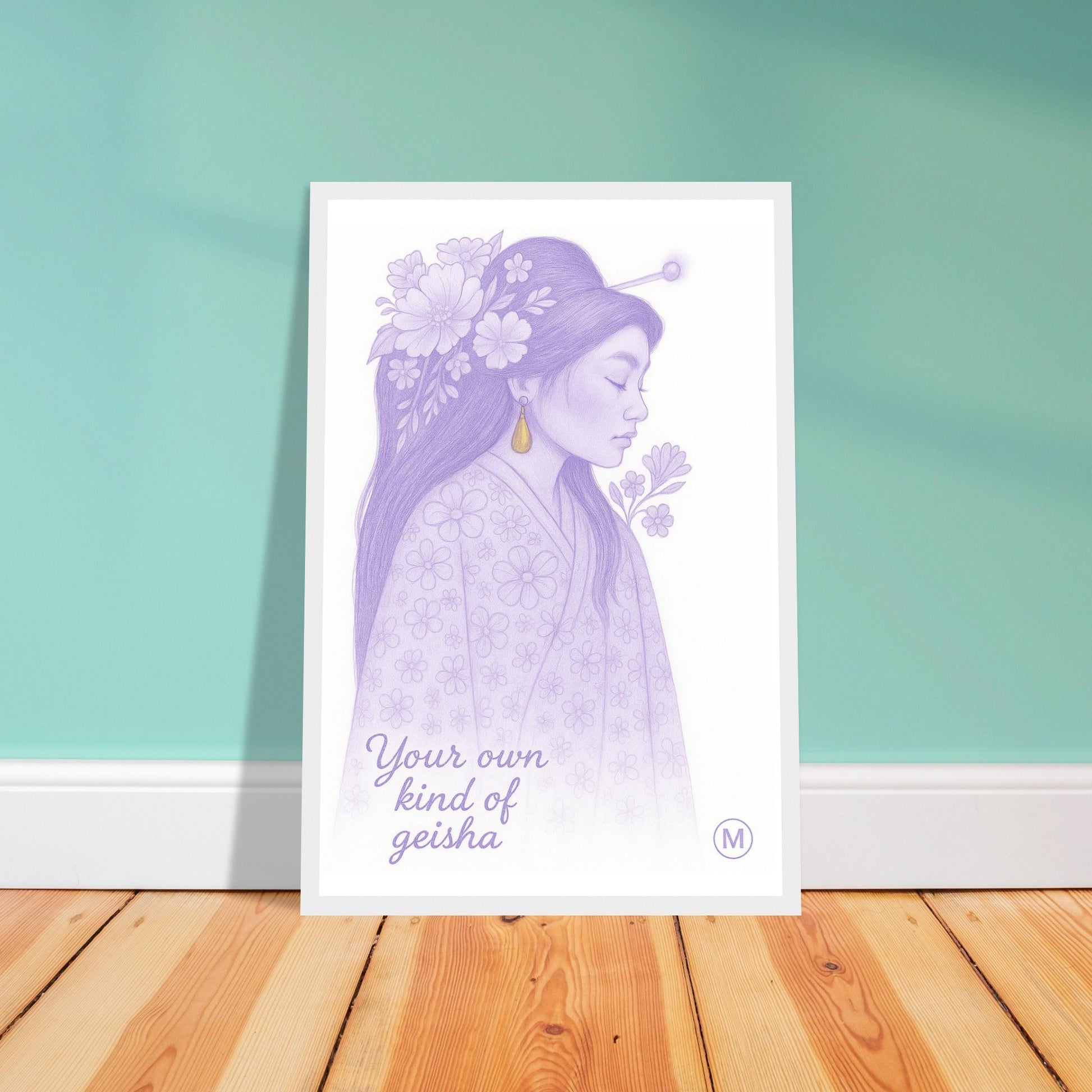 Geisha poster in pastel kimono with gold floral hairpiece and the quote “Your Own Kind of Geisha” – feminine wall art print from MatchWallArt.
