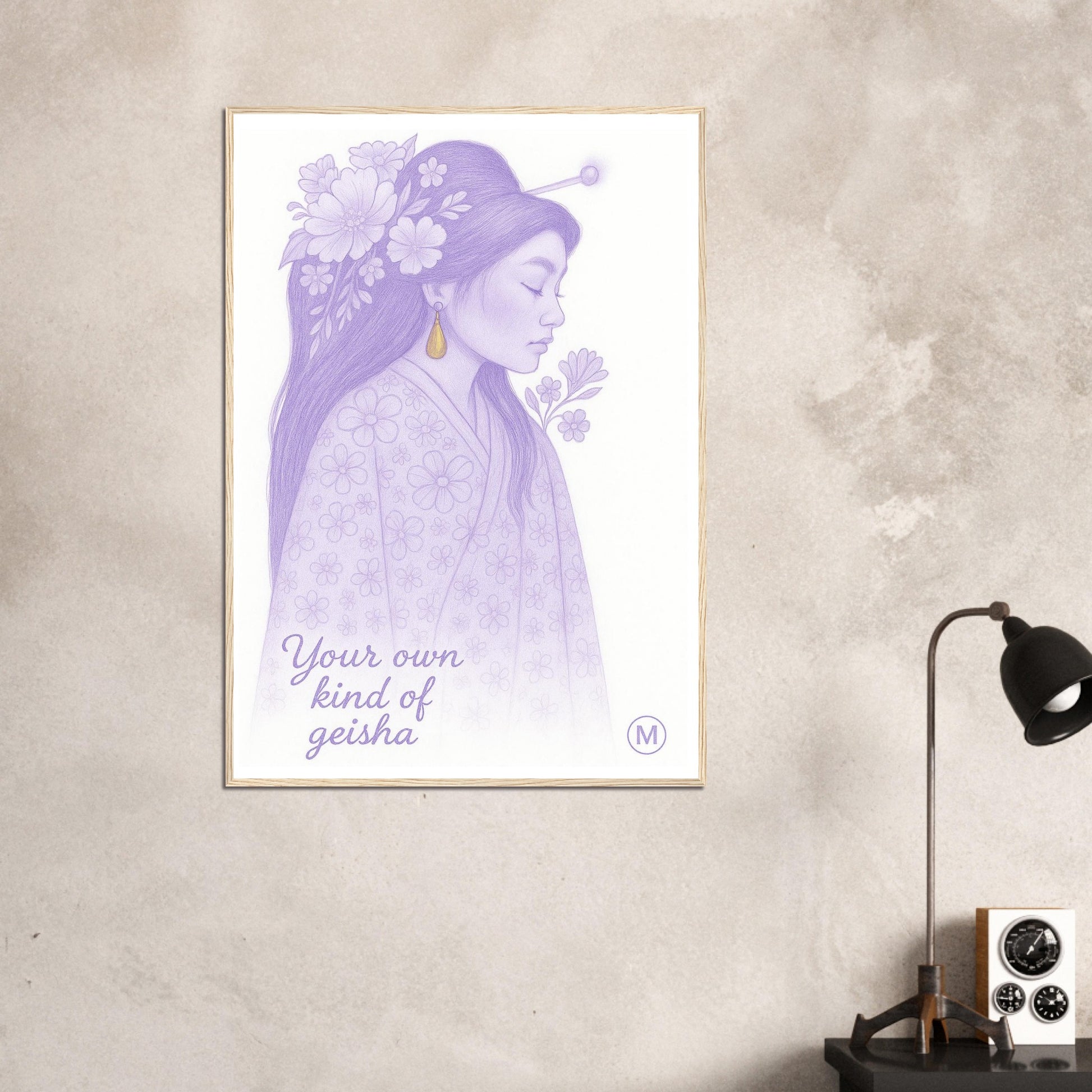 Geisha poster in pastel kimono with gold floral hairpiece and the quote “Your Own Kind of Geisha” – feminine wall art print from MatchWallArt.