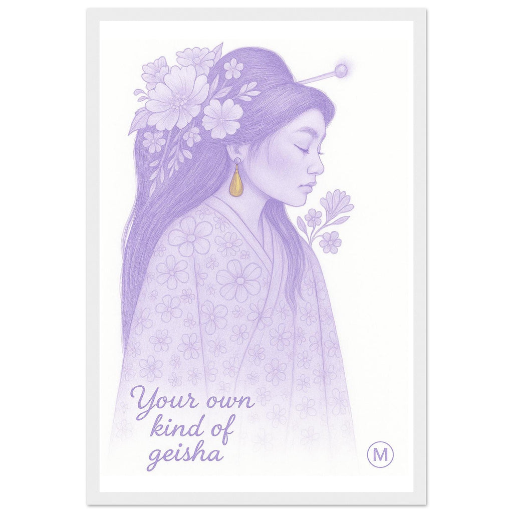 Geisha poster in pastel kimono with gold floral hairpiece and the quote “Your Own Kind of Geisha” – feminine wall art print from MatchWallArt.