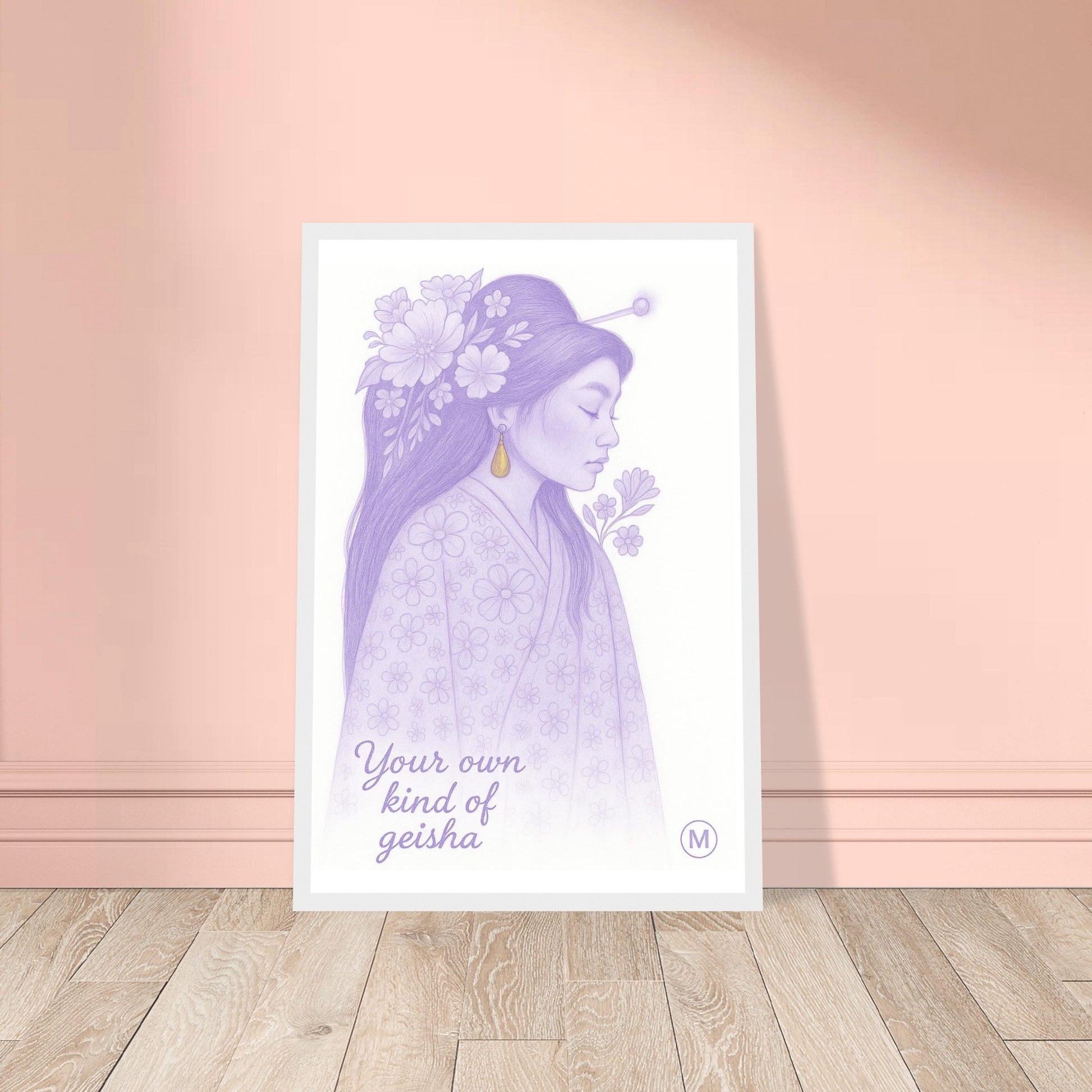 Geisha poster in pastel kimono with gold floral hairpiece and the quote “Your Own Kind of Geisha” – feminine wall art print from MatchWallArt.