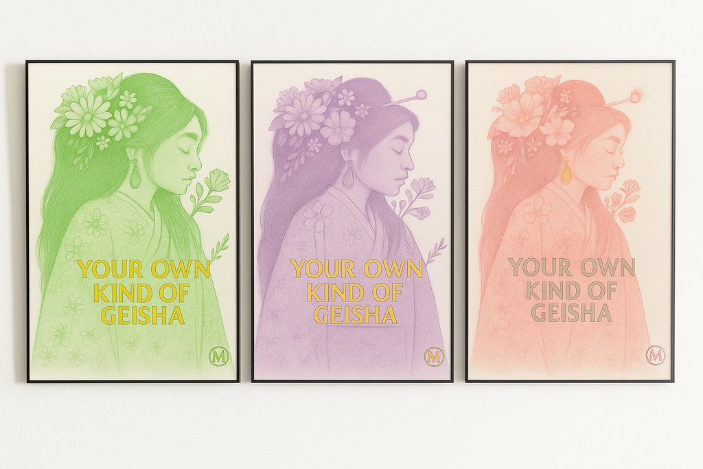 Geisha poster in pastel kimono with gold floral hairpiece and the quote “Your Own Kind of Geisha” – feminine wall art print from MatchWallArt.