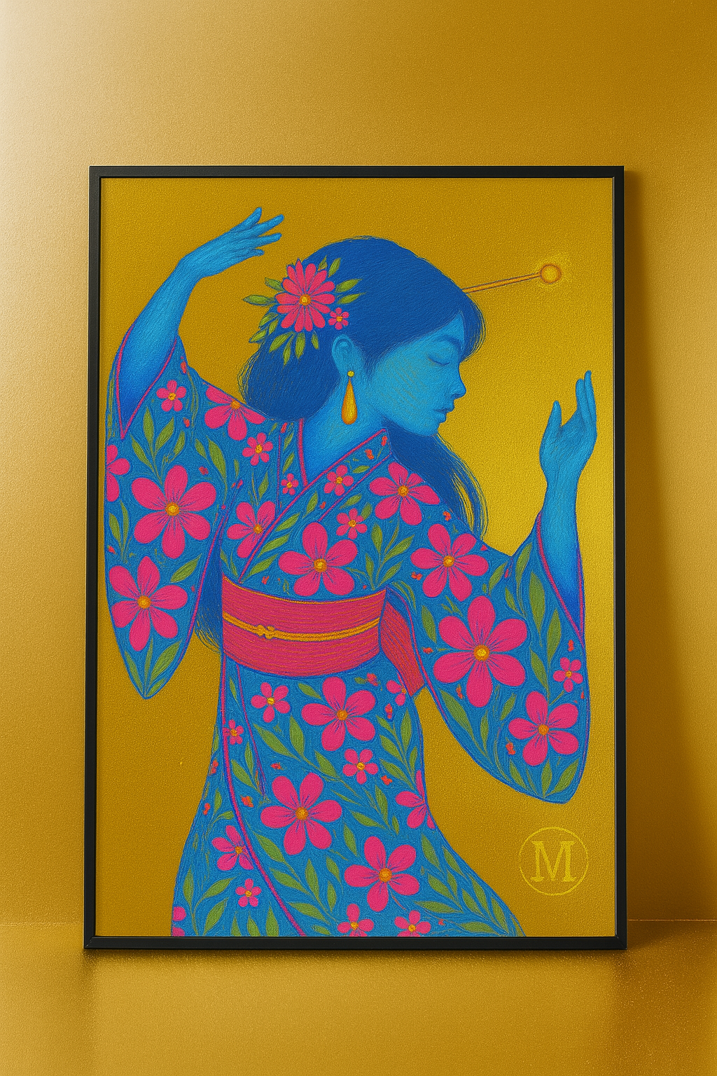 Geisha poster in pastel kimono with gold floral hairpiece and the quote “Your Own Kind of Geisha” – feminine wall art print from MatchWallArt