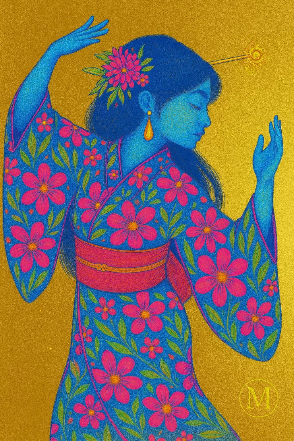 Geisha poster in pastel kimono with gold floral hairpiece and the quote “Your Own Kind of Geisha” – feminine wall art print from MatchWallArt