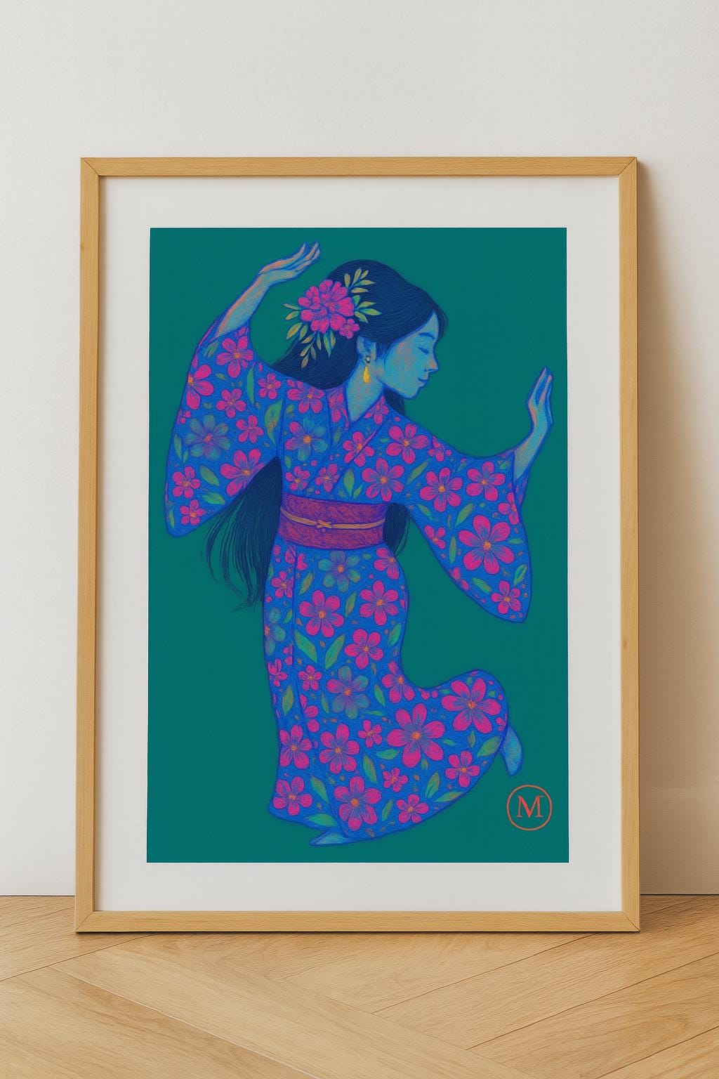 Geisha poster in pastel kimono with gold floral hairpiece and the quote “Your Own Kind of Geisha” – feminine wall art print from MatchWallArt.