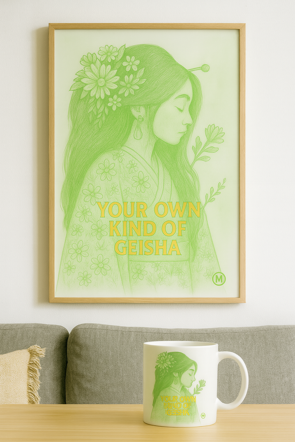 Geisha poster in pastel kimono with gold floral hairpiece and the quote “Your Own Kind of Geisha” – feminine wall art print from MatchWallArt.