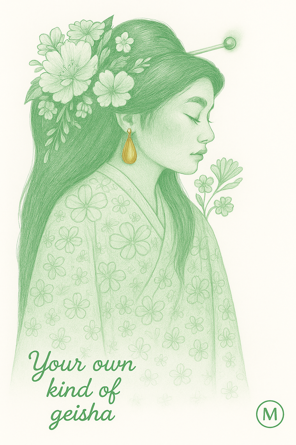 Geisha poster in pastel kimono with gold floral hairpiece and the quote “Your Own Kind of Geisha” – feminine wall art print from MatchWallArt.