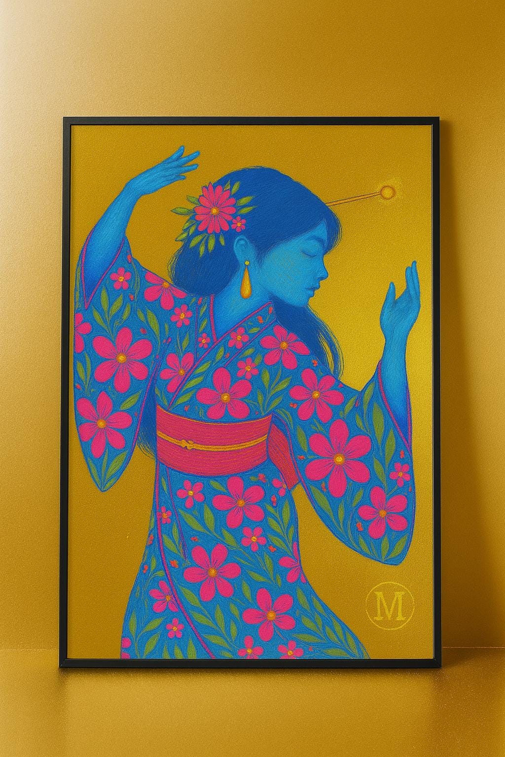Golden Blue Neon Geisha Print - Digital Download Poster