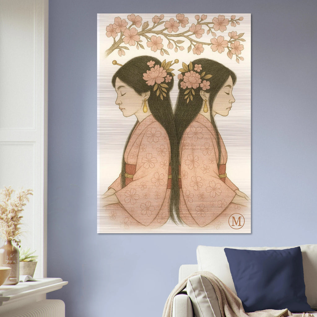 Geisha Brushed Aluminum Art twins on blue wall in living room 