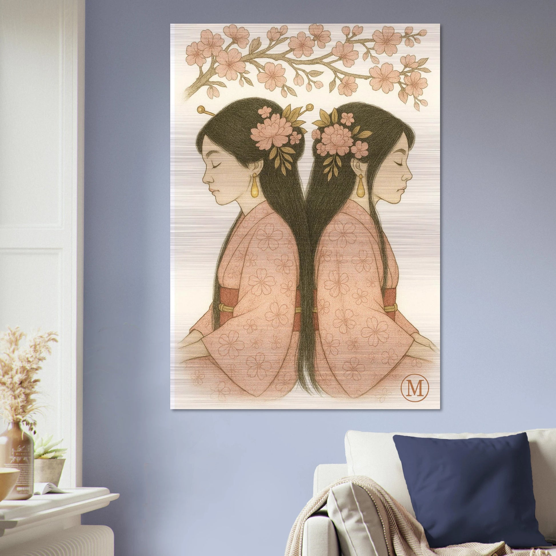 Geisha Brushed Aluminum Art twins on blue wall in living room 
