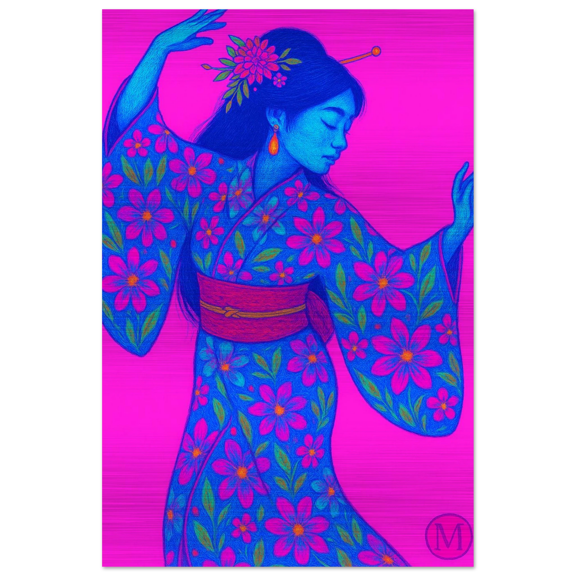 Geisha dancing big poster print brushed aluminum metal- bold-match-luxury-wall art