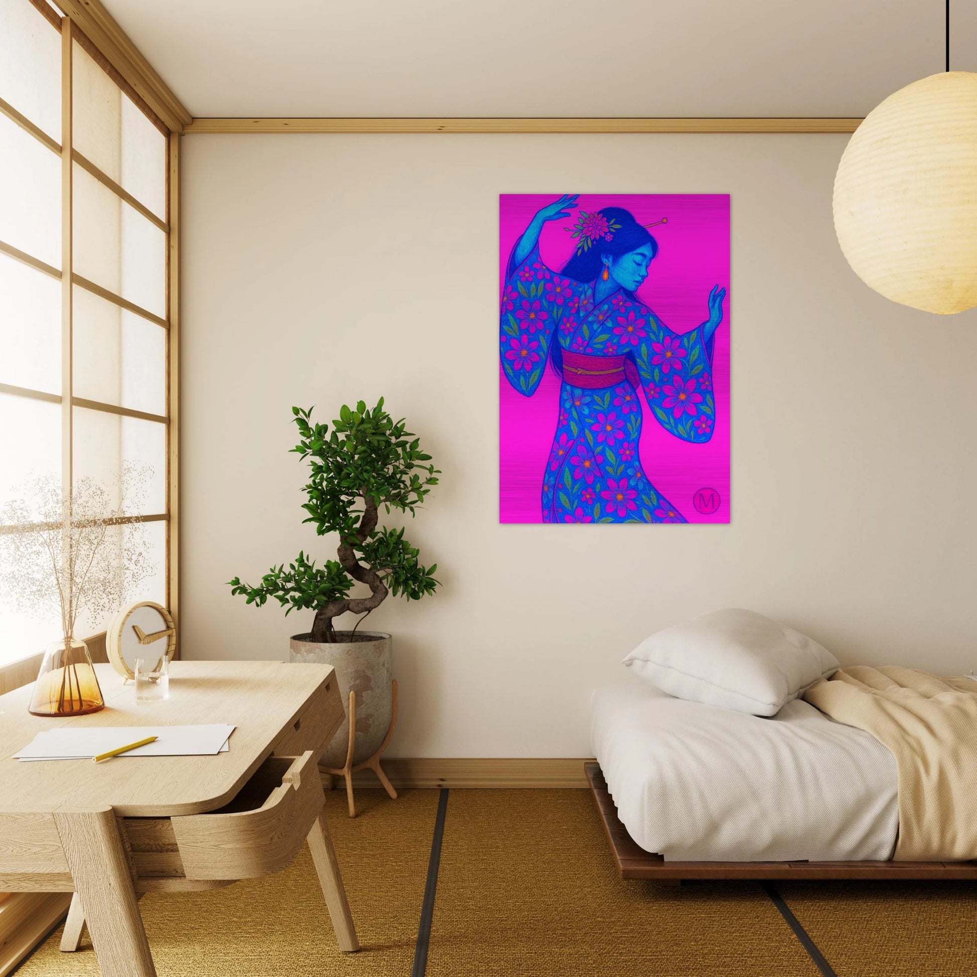 Geisha- dancing in bedroom-glass- brushed aluminum metal- bold-luxury-wall art