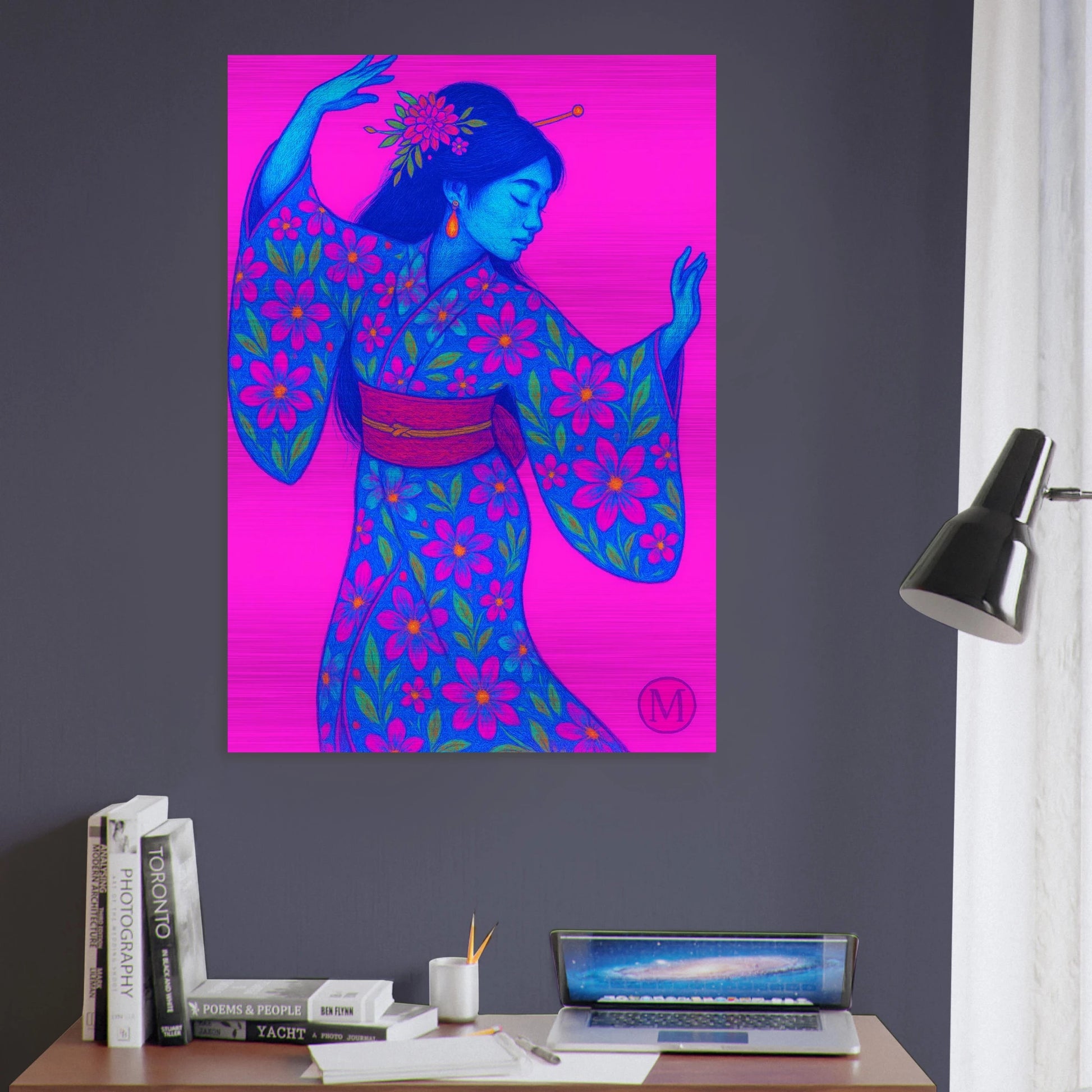 Geisha dancing in office mock aluminum metal- bold-luxury-wall art