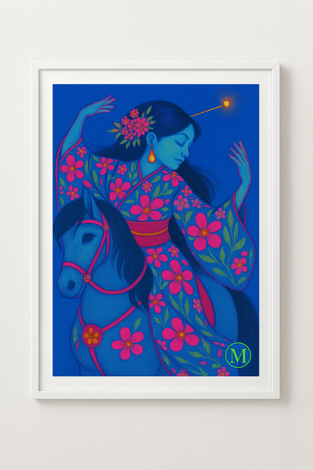 Geisha on Horse Art Print - Blue Neon Bloom  - Digital download