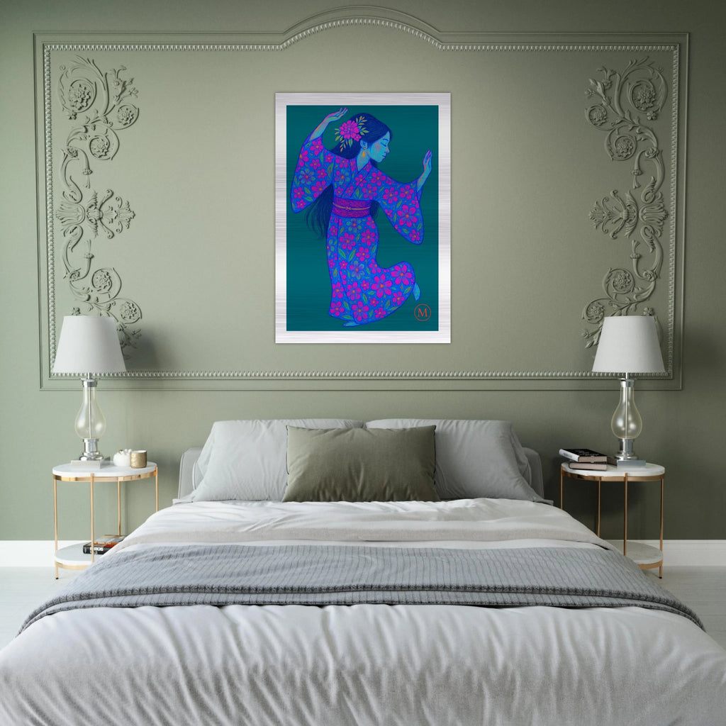 pastel-metallic-geisha-poster haging in bedroom above bed. chic wall art geisha aluminium framed
