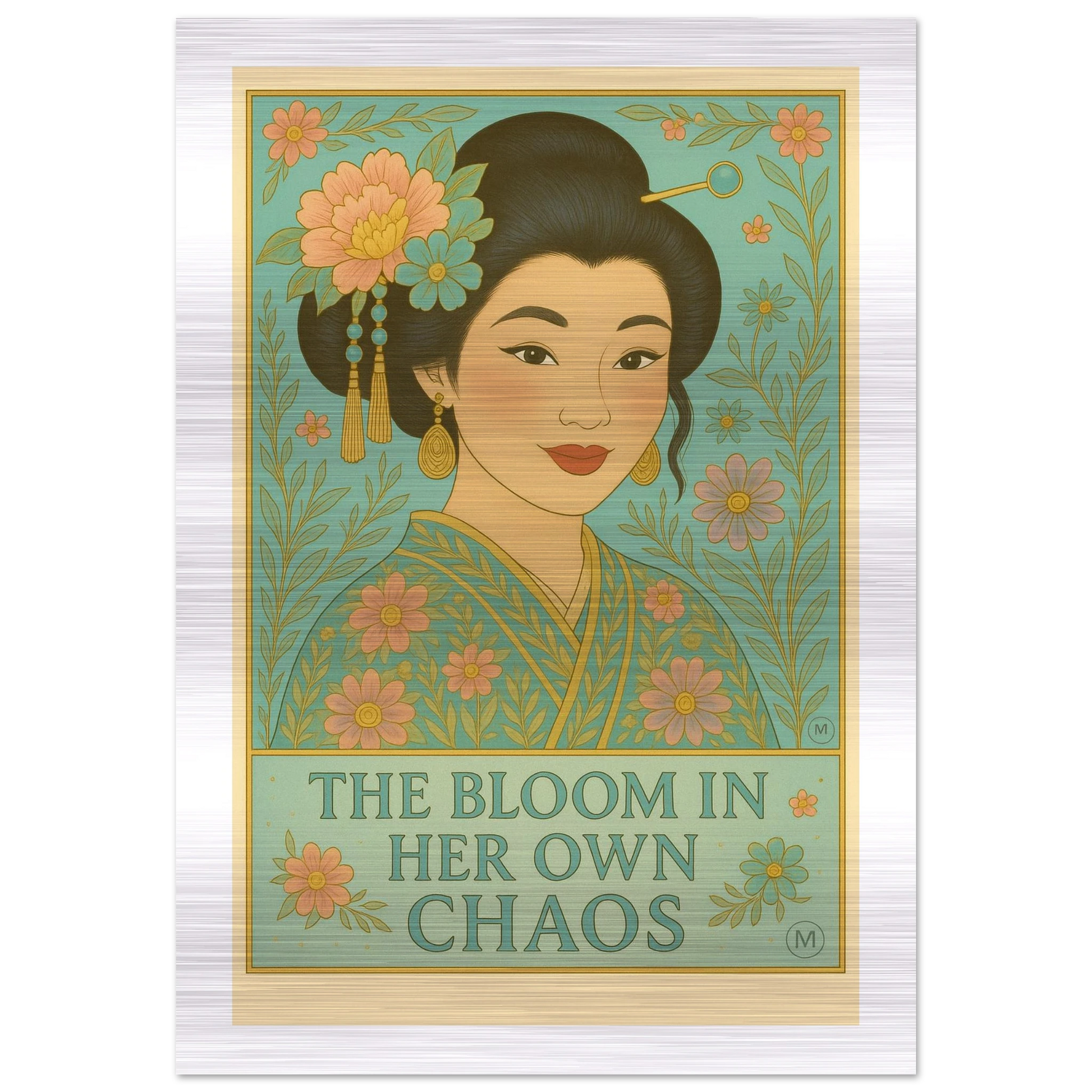 old metallic Geisha portrait with floral kimono, featuring the text “The Bloom in Her Own Chaos