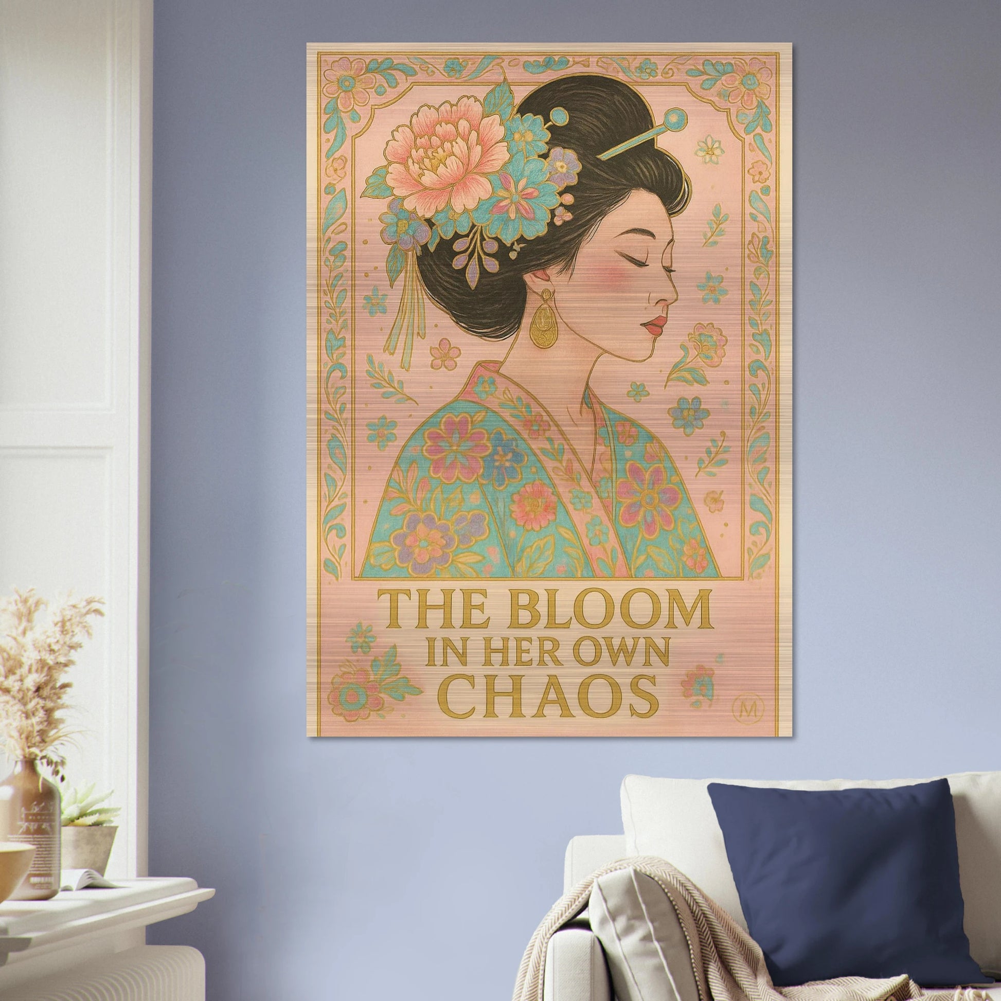 Metallic Geisha Poster
Colorful pastel and gold metallic Geisha portrait with floral kimono on blue wall