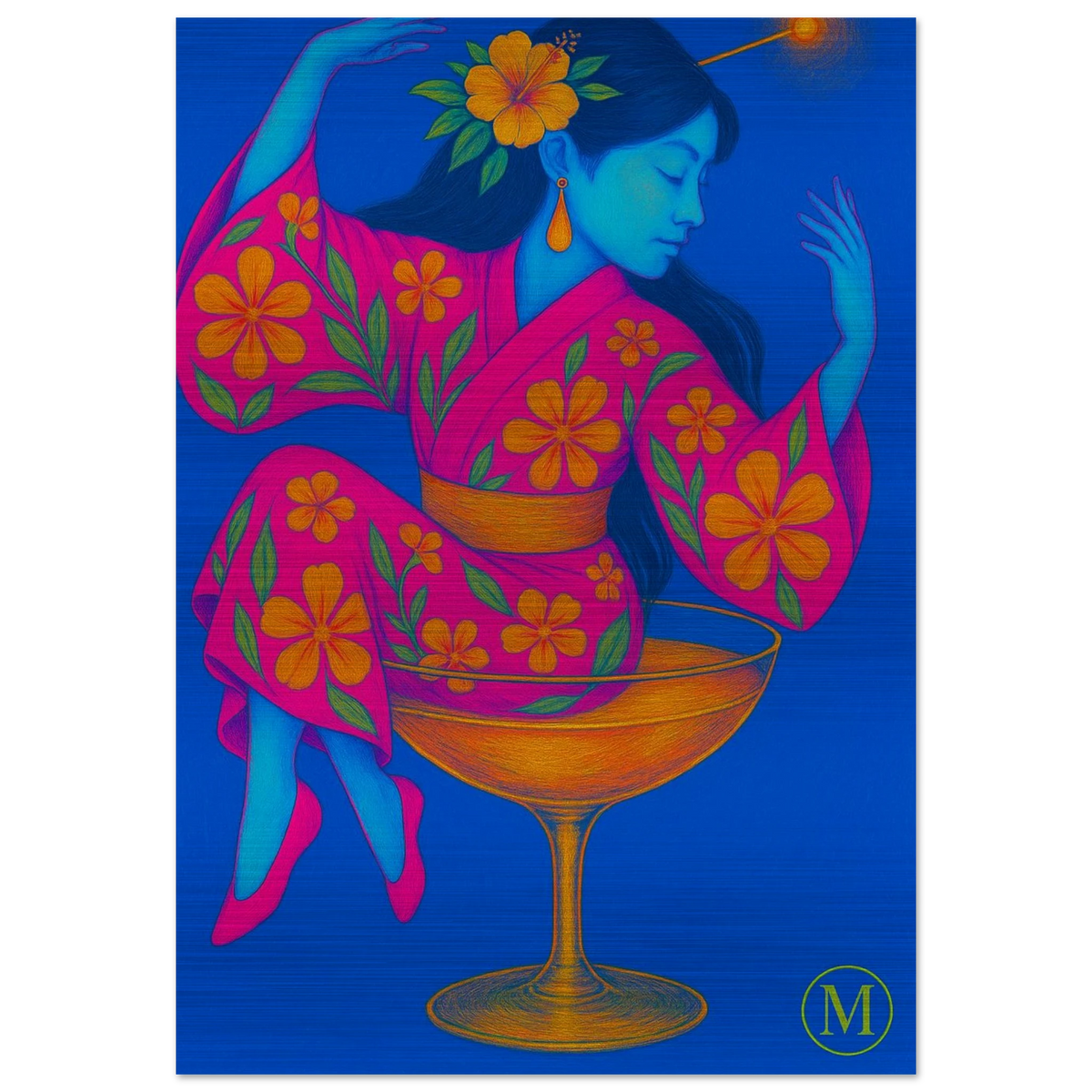 Geisha sitting in glass- brushed aluminum metal- bold-luxury-wall art