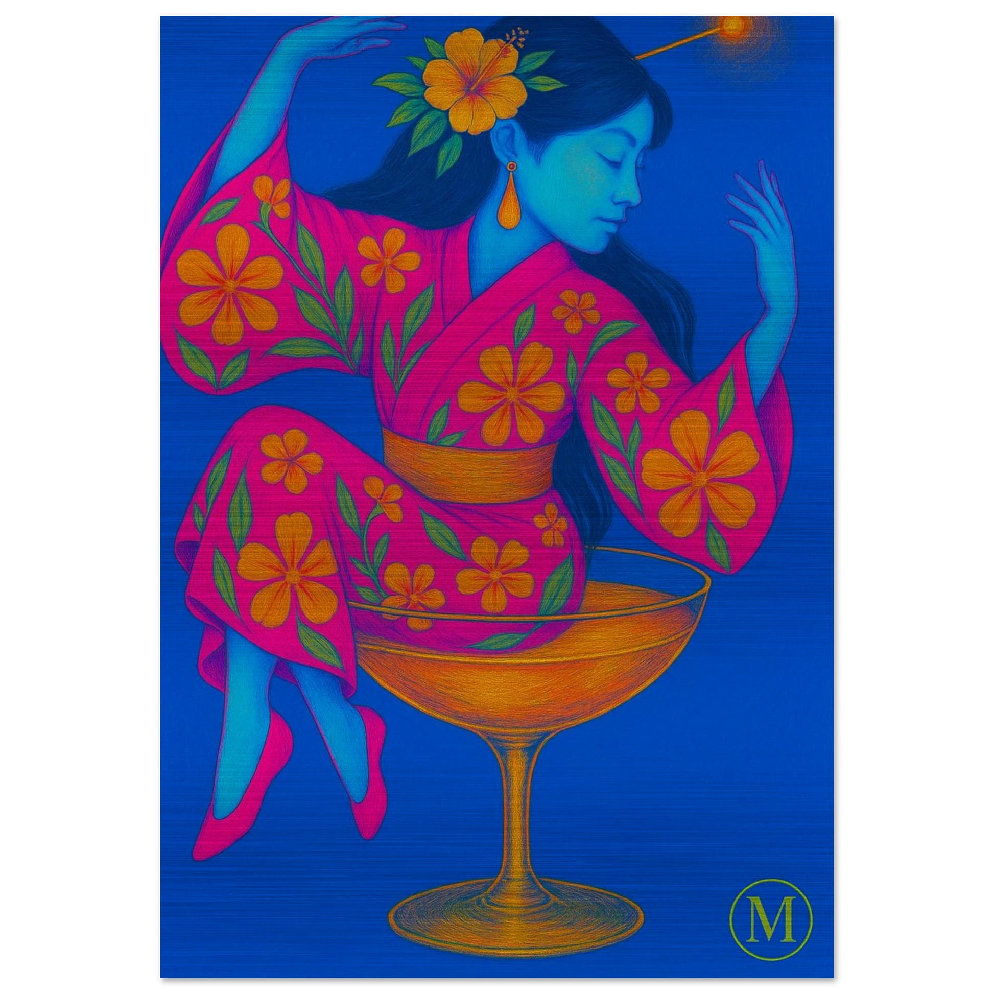 Geisha sitting in glass- brushed aluminum metal- bold-luxury-wall art