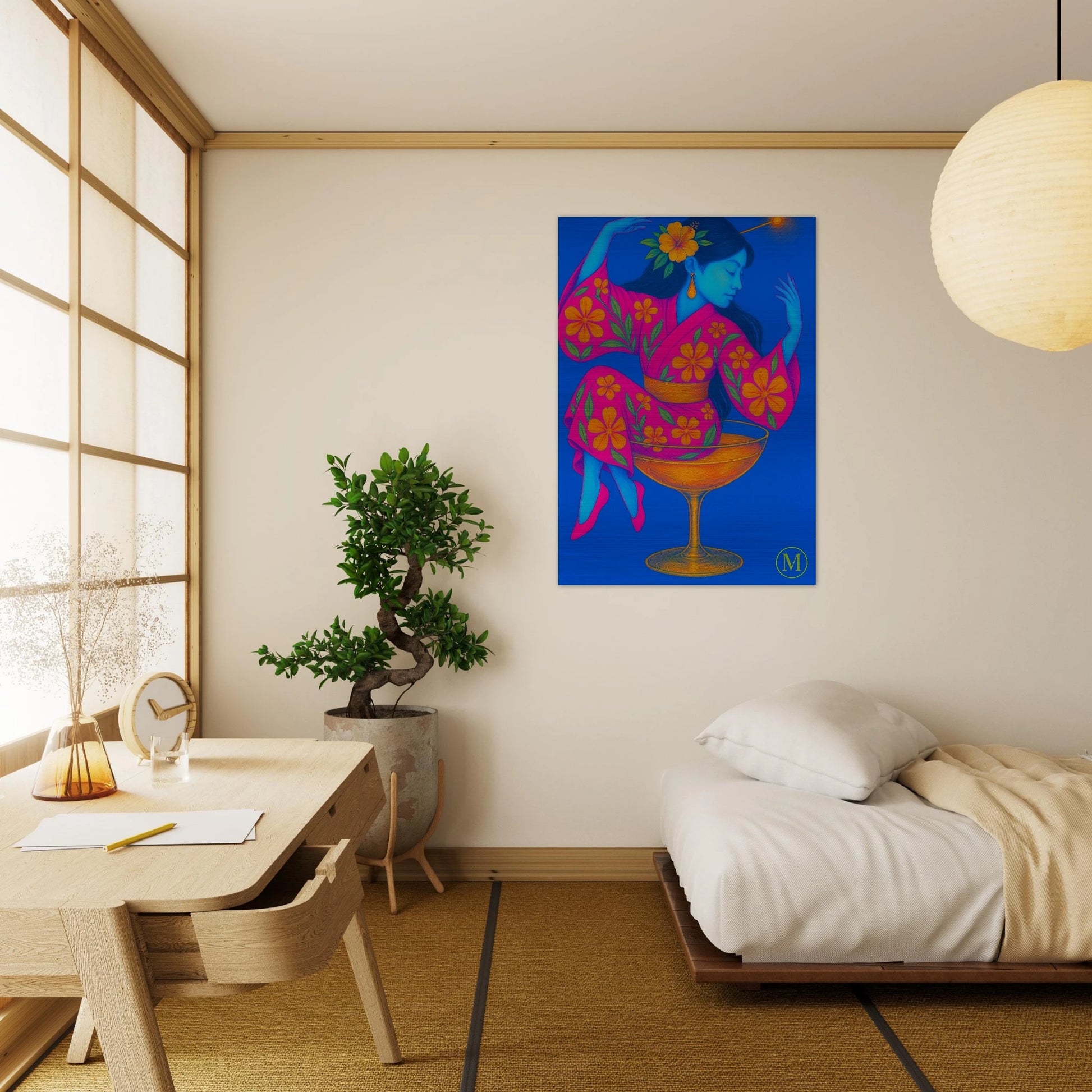 Geisha sitting in glass- brushed-bed-bedroom-aluminum metal- bold-luxury-wall art