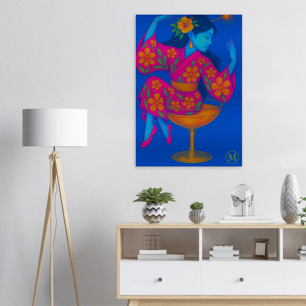 Geisha sitting in glass- brushed-white home decor-aluminum metal- bold-luxury-wall art